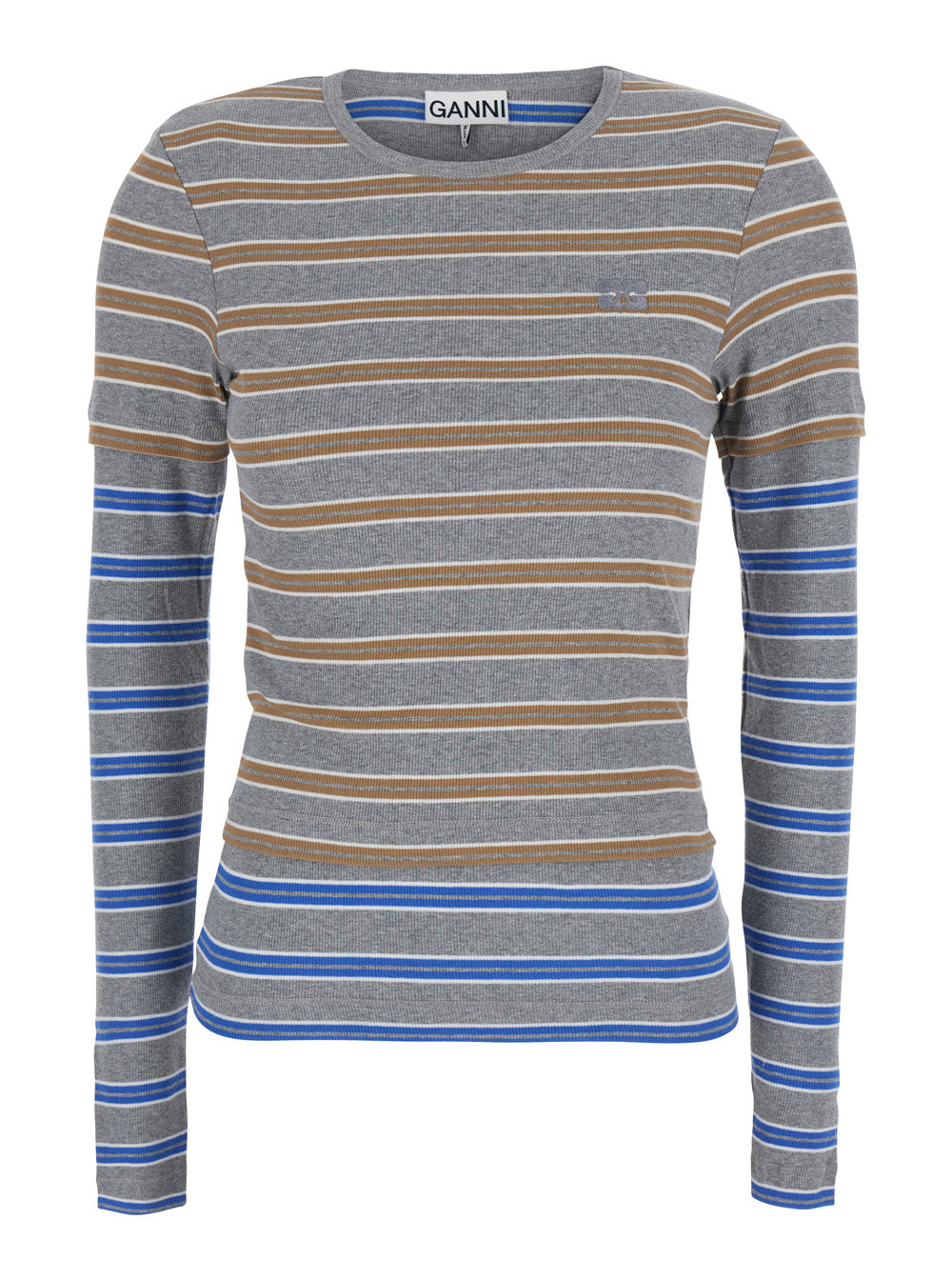 Ganni Women Long Sleeve Mesh Top With Blue Details GANNI