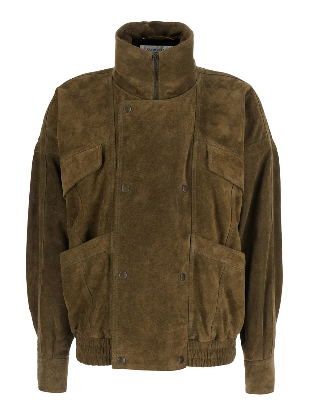 Saint Laurent Women Green Double-Breasted High-Neck Jacket In Suede Women SAINT LAURENT