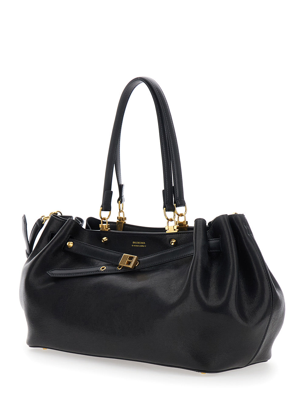 Balenciaga Women 'Fan' Black Medium Shoulder Bag With Adjustable And Removable Shoulder Strap And Logo Lettering On The Front In Leather For Women BALENCIAGA