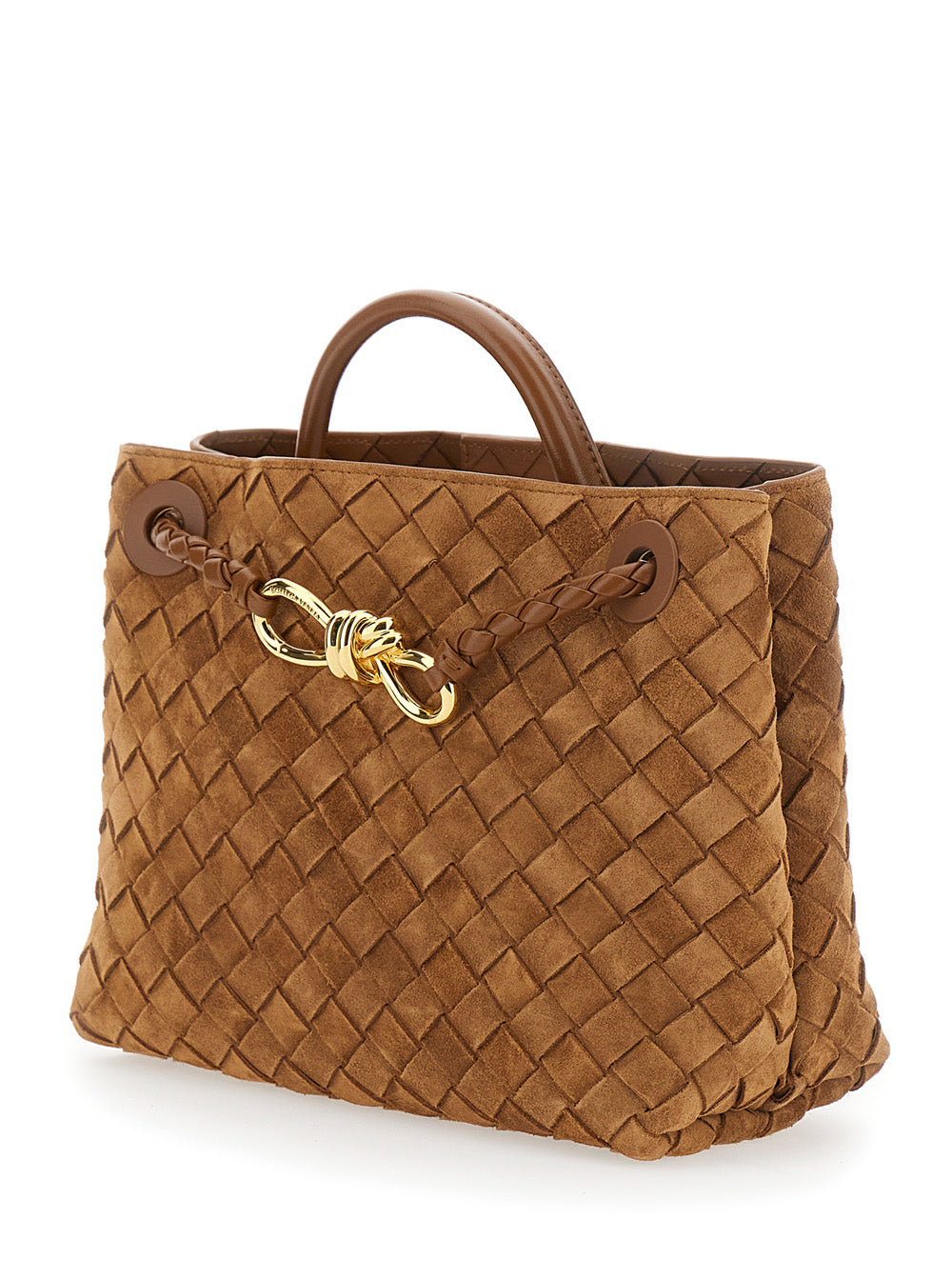 Bottega Veneta Women 'Andiamo' Brown Small Hand Bag With Sliding Shoulder Strap And Knot Plaque On The Front In Suede For Women BOTTEGA VENETA