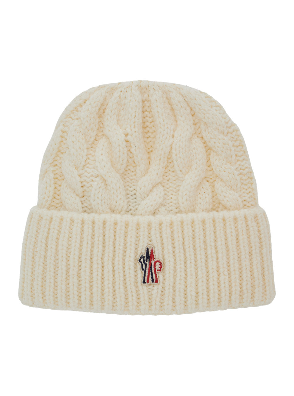 Moncler Grenoble Women White Beanie With Cable Knit Design And Logo Patch On The Front In Wool Blend For Women MONCLER GRENOBLE