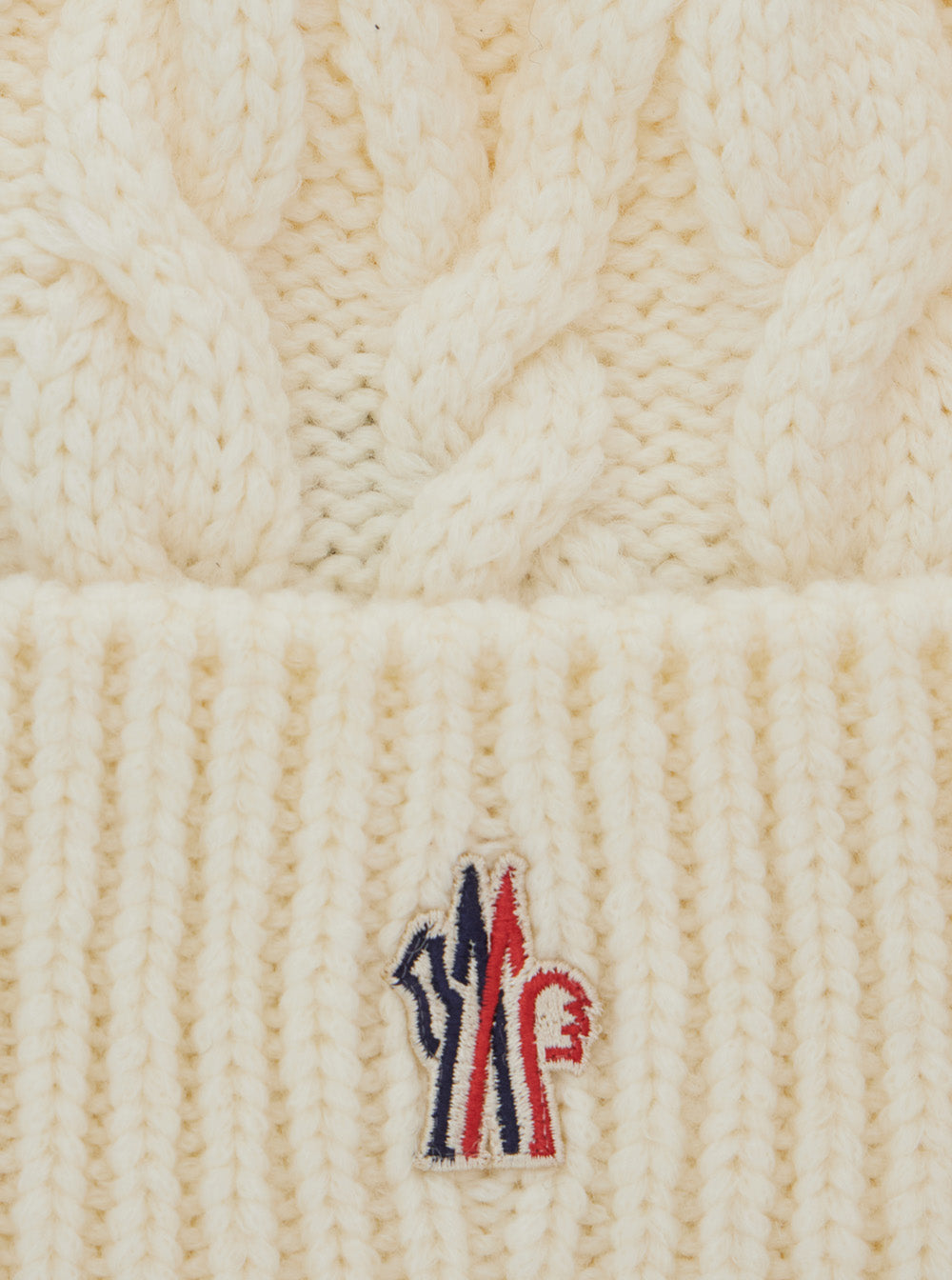 Moncler Grenoble Women White Beanie With Cable Knit Design And Logo Patch On The Front In Wool Blend For Women MONCLER GRENOBLE