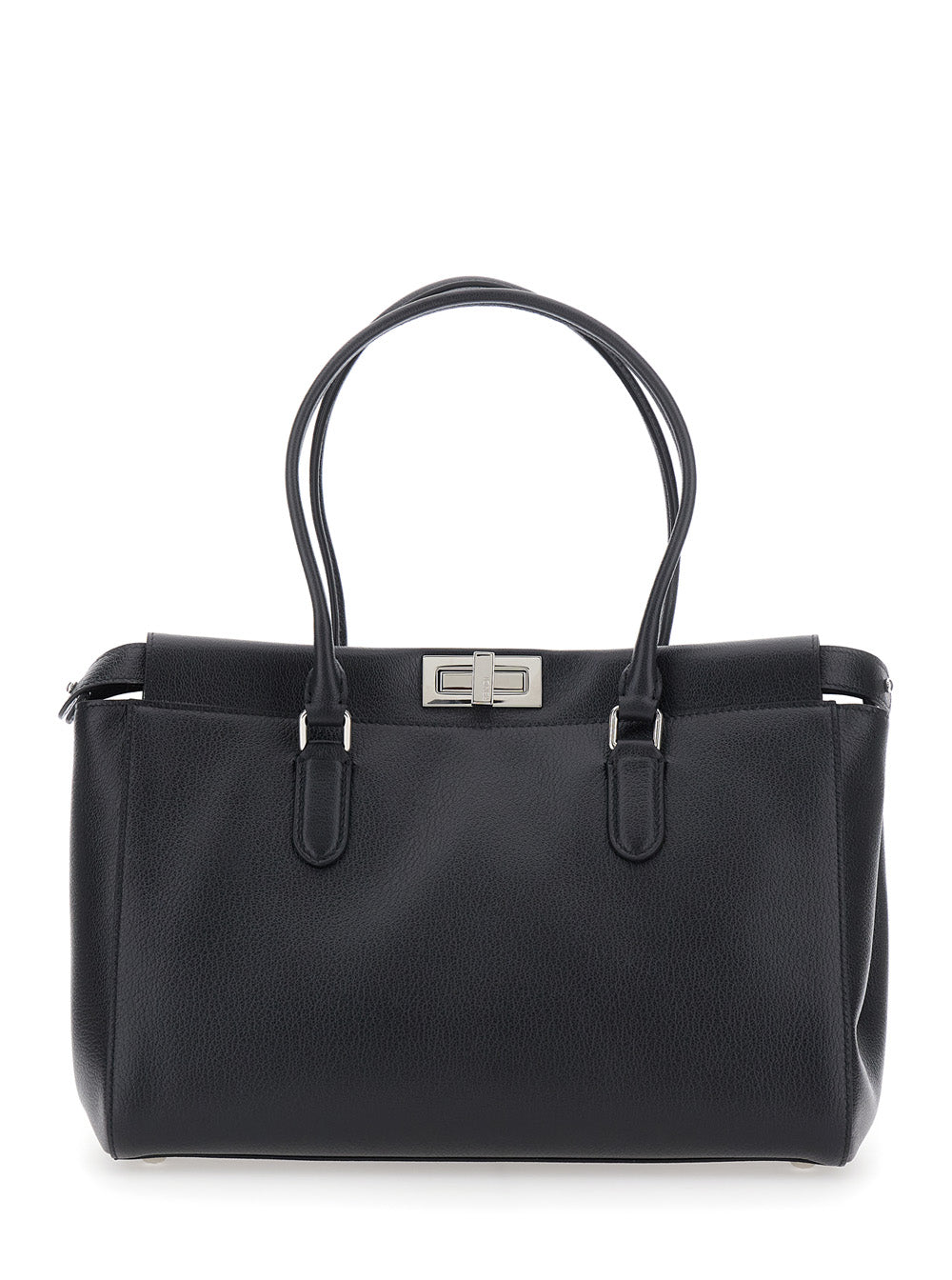 Fendi Women 'Pekaboo Tote Small' Black Shoulder Bag With Turn-Lock Closure In Grained Leather Woman FENDI