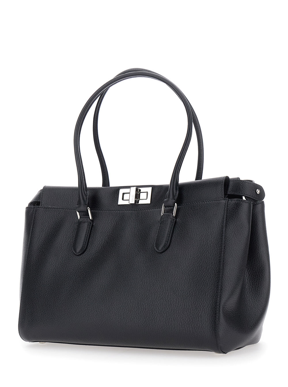 Fendi Women 'Pekaboo Tote Small' Black Shoulder Bag With Turn-Lock Closure In Grained Leather Woman FENDI