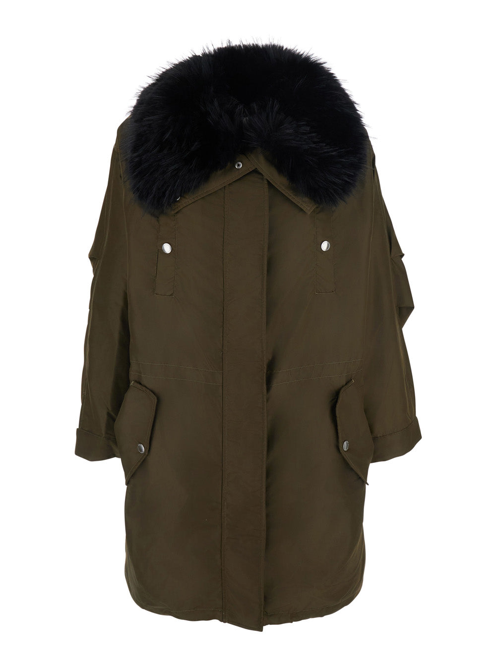 Stand Women 'Frankie' Green Coat With Fur Collar And Side Pockets In Tech Fabric Women STAND STUDIO
