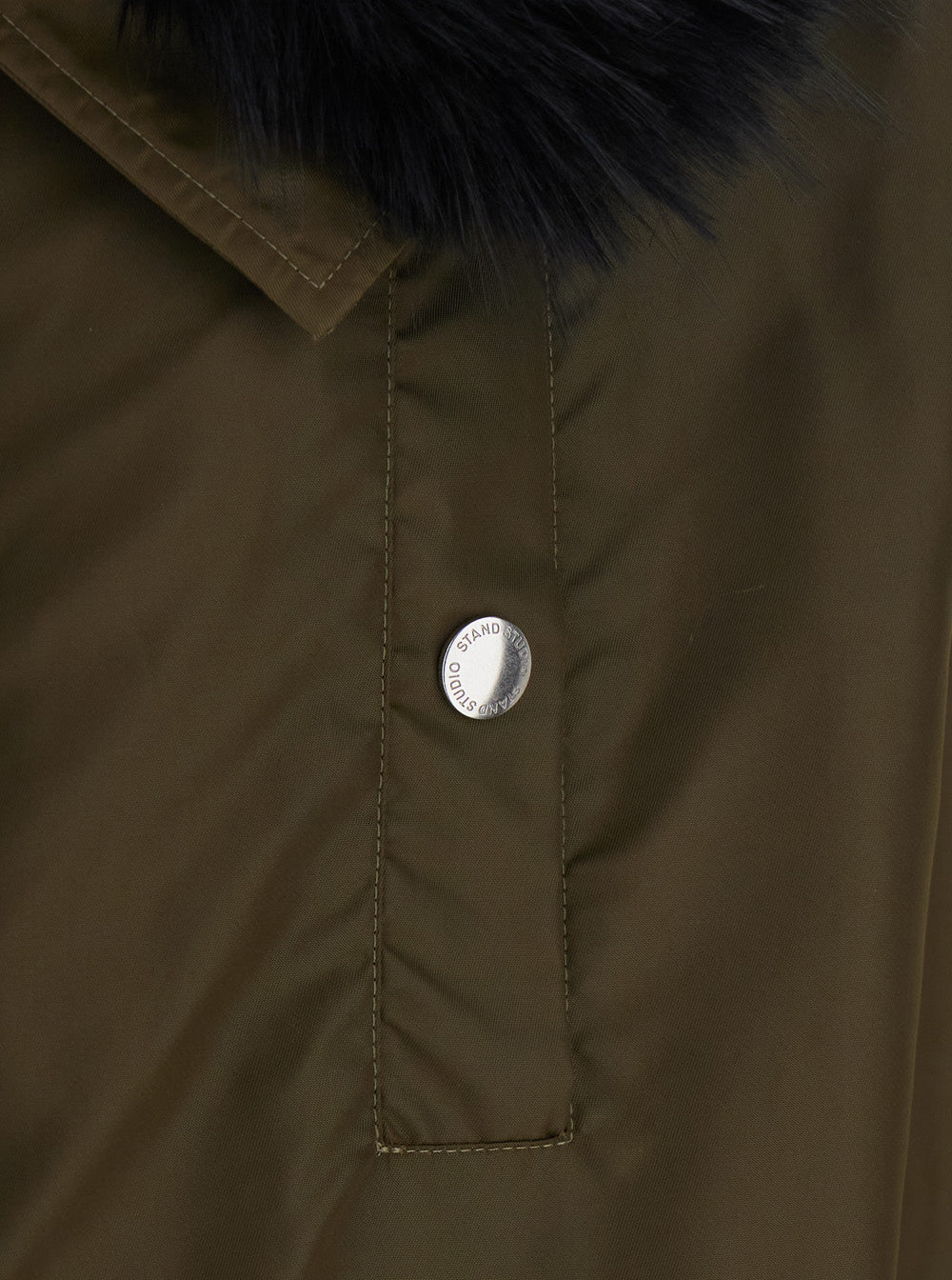 Stand Women 'Frankie' Green Coat With Fur Collar And Side Pockets In Tech Fabric Women STAND STUDIO