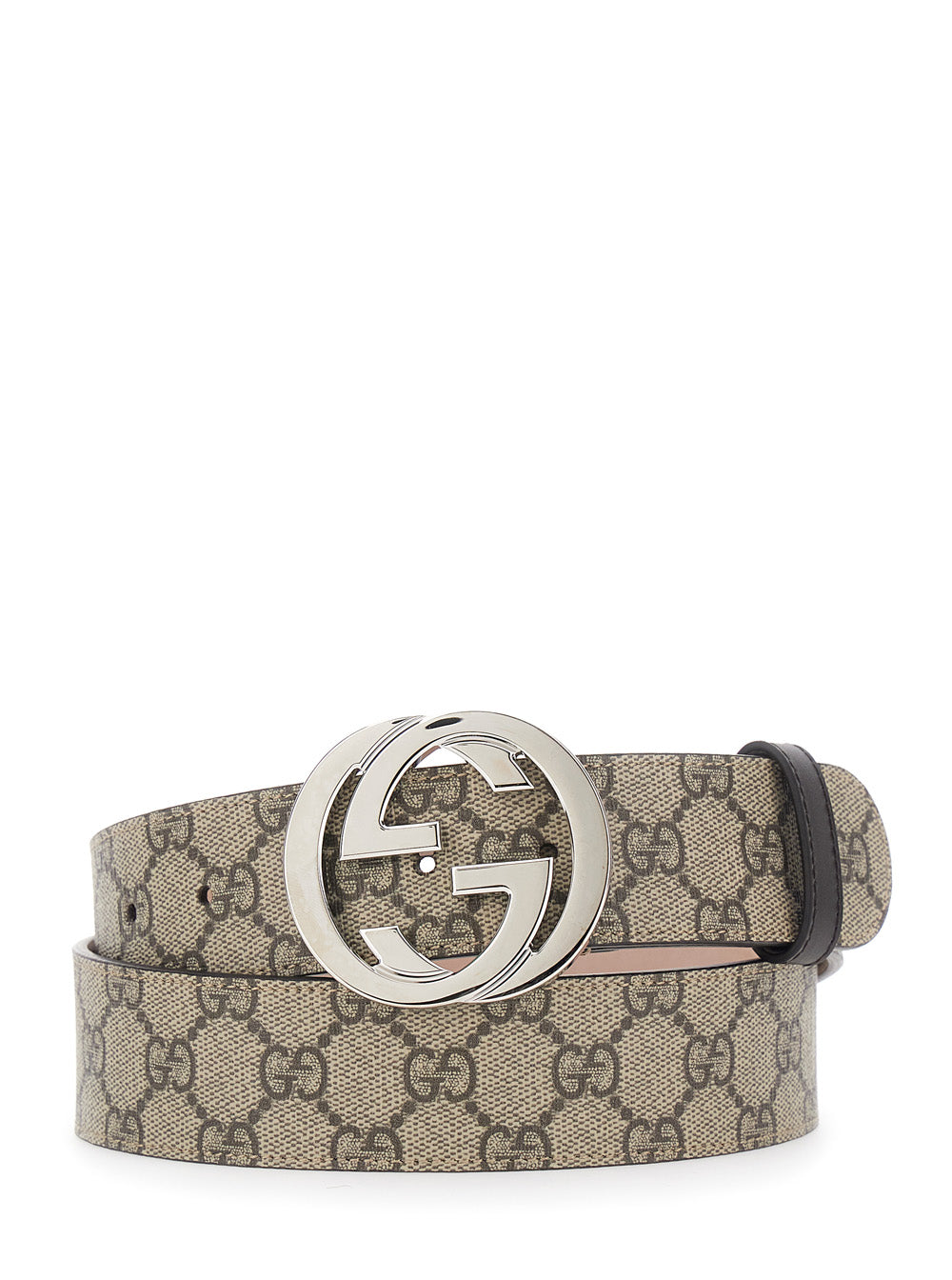 Gucci Men Beige Belt With Interlocking Gg Buckle Closure In Gg Canvas For Men