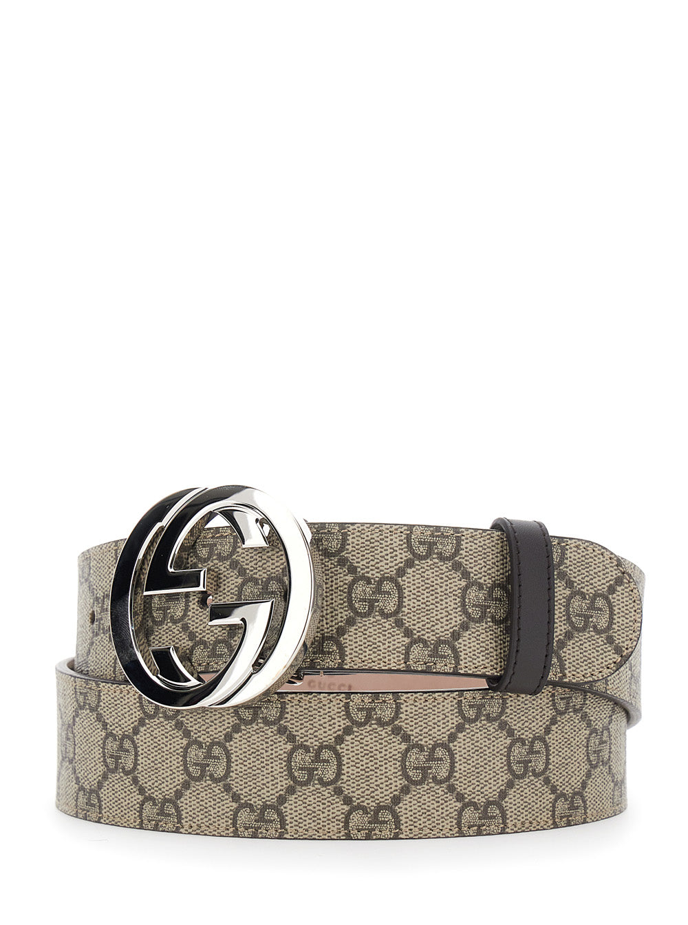 Gucci Men Beige Belt With Interlocking Gg Buckle Closure In Gg Canvas For Men