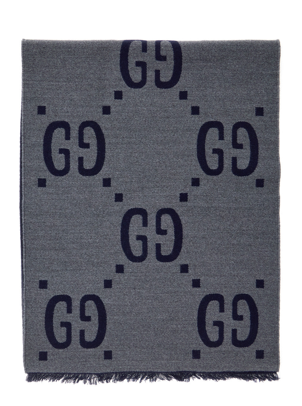 Gucci Men Grey Scarf With Fringed Trim And All-Over Gg Motif In Wool For Men GUCCI