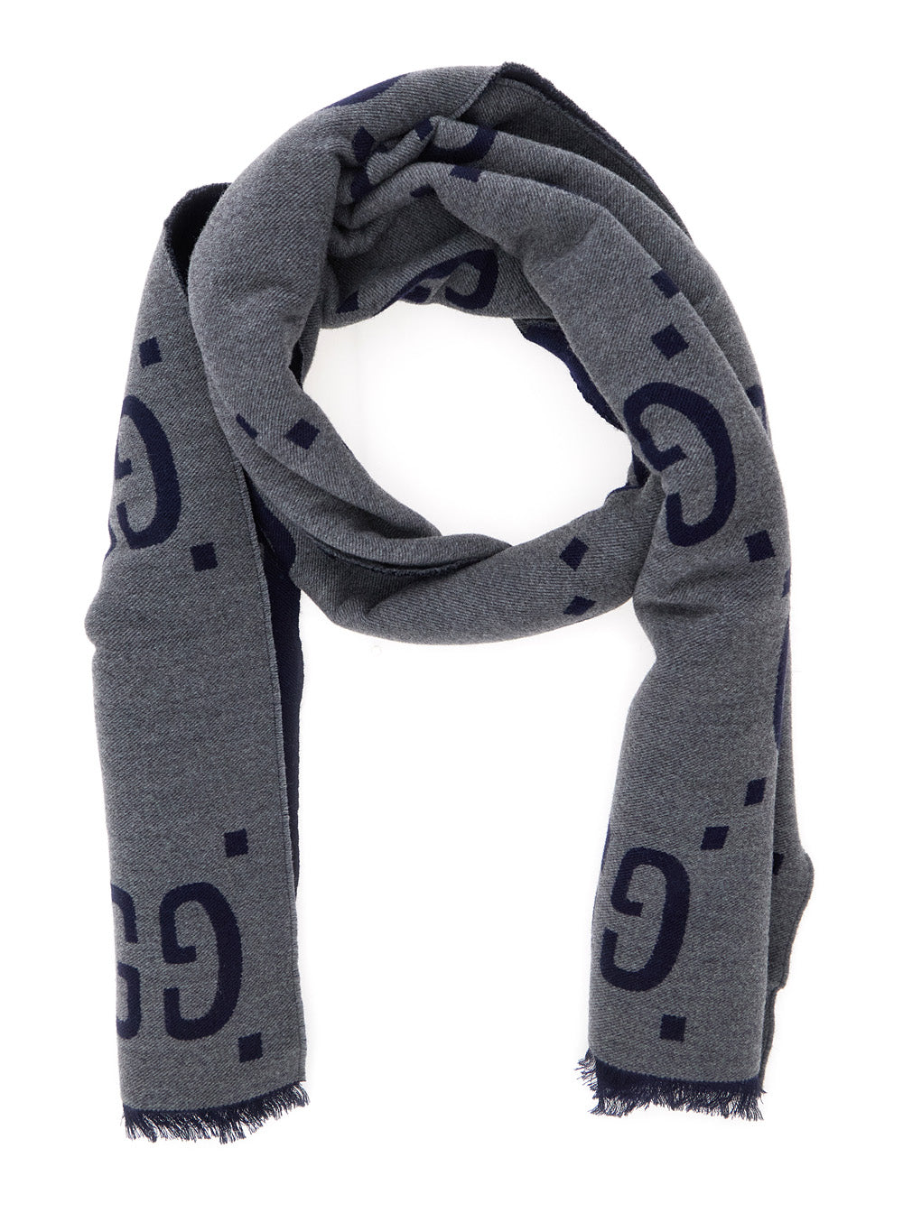 Gucci Men Grey Scarf With Fringed Trim And All-Over Gg Motif In Wool For Men GUCCI