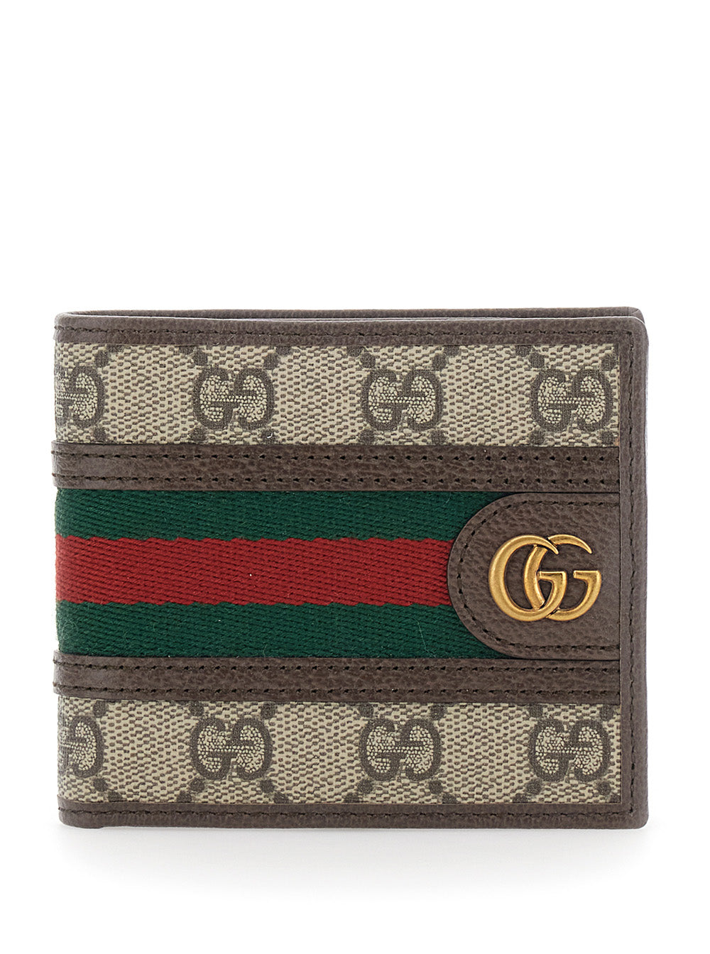 Gucci Men "Ophidia" Beige Bi-Fold Wallet With Gg Plate On The Front And Web Stripe In Leather And Gg Canvas For Men GUCCI