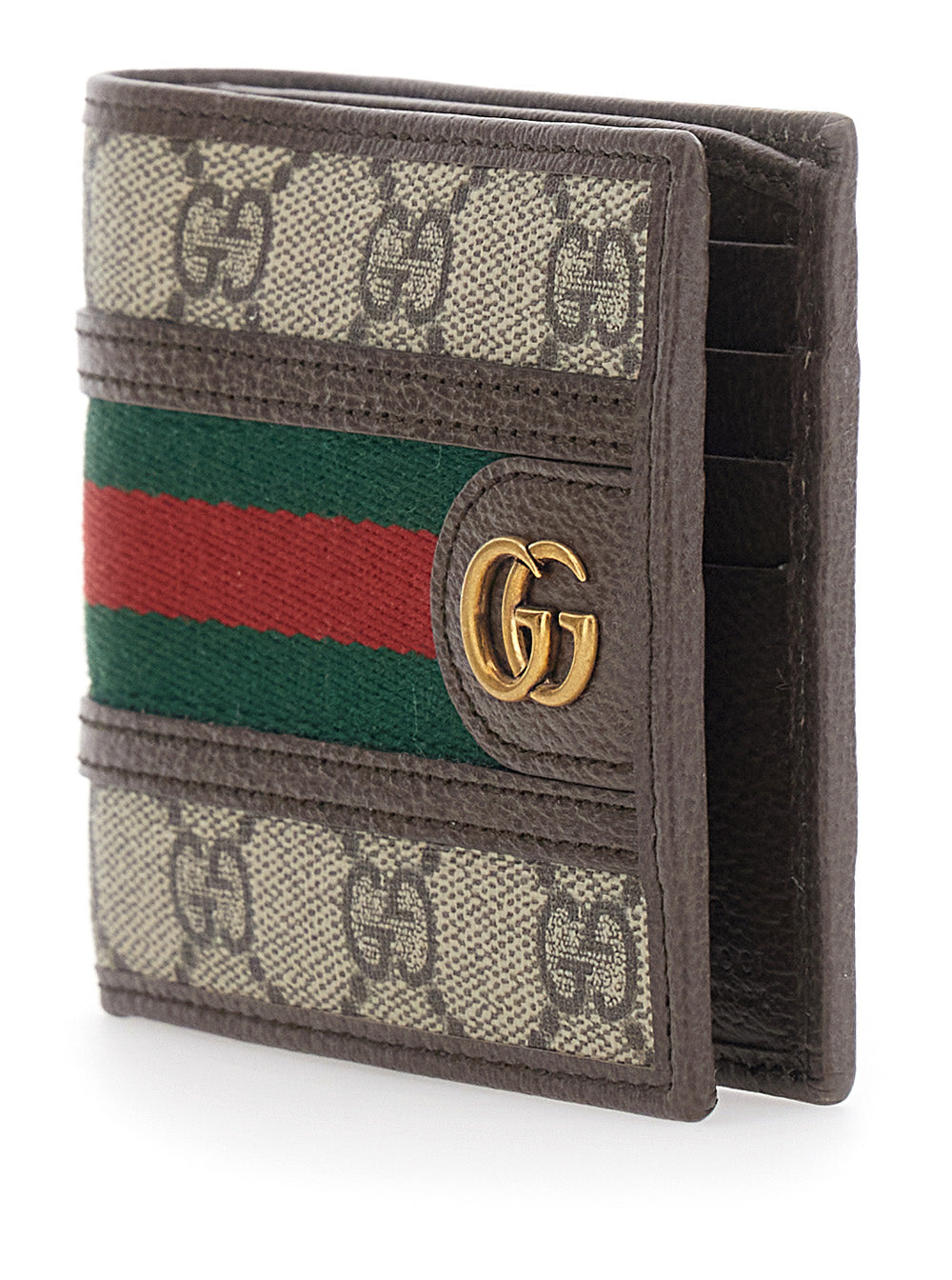 Gucci Men "Ophidia" Beige Bi-Fold Wallet With Gg Plate On The Front And Web Stripe In Leather And Gg Canvas For Men GUCCI