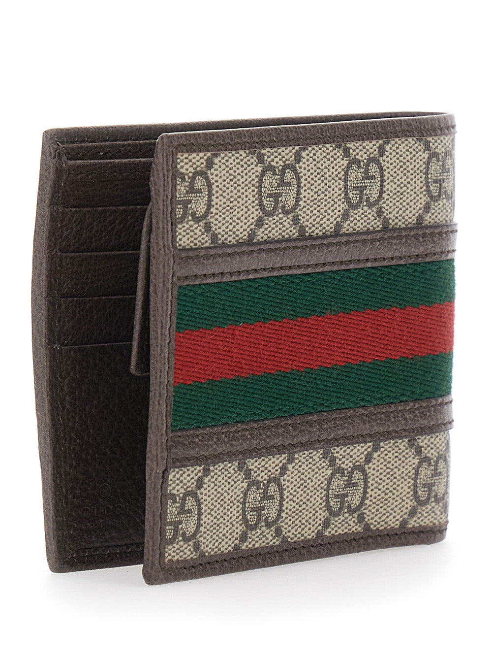Gucci Men 'Ophidia' Bi-Fold Wallet With Gg Plaque On The Front And Web Stripe In Leather And Gg Canvas Men GUCCI