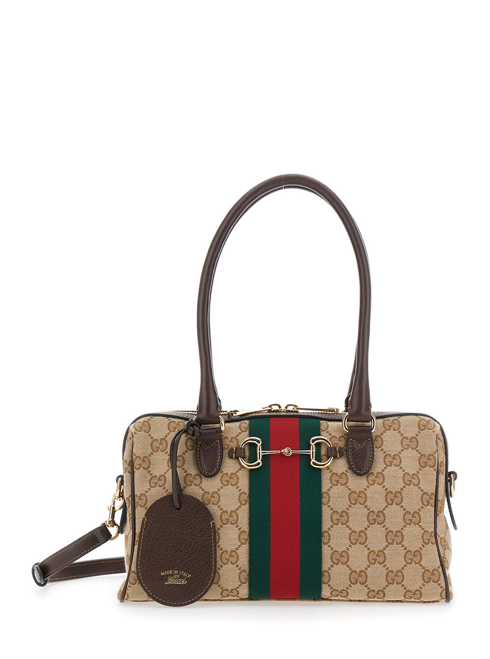 Gucci Women Beige Shoulder Bag With Horsebit And Web Stripe And Adjustable Removable Shoulder Strap In Gg Canvas For Women GUCCI