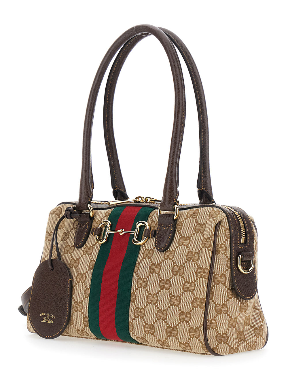 Gucci Women Beige Shoulder Bag With Horsebit And Web Stripe And Adjustable Removable Shoulder Strap In Gg Canvas For Women GUCCI
