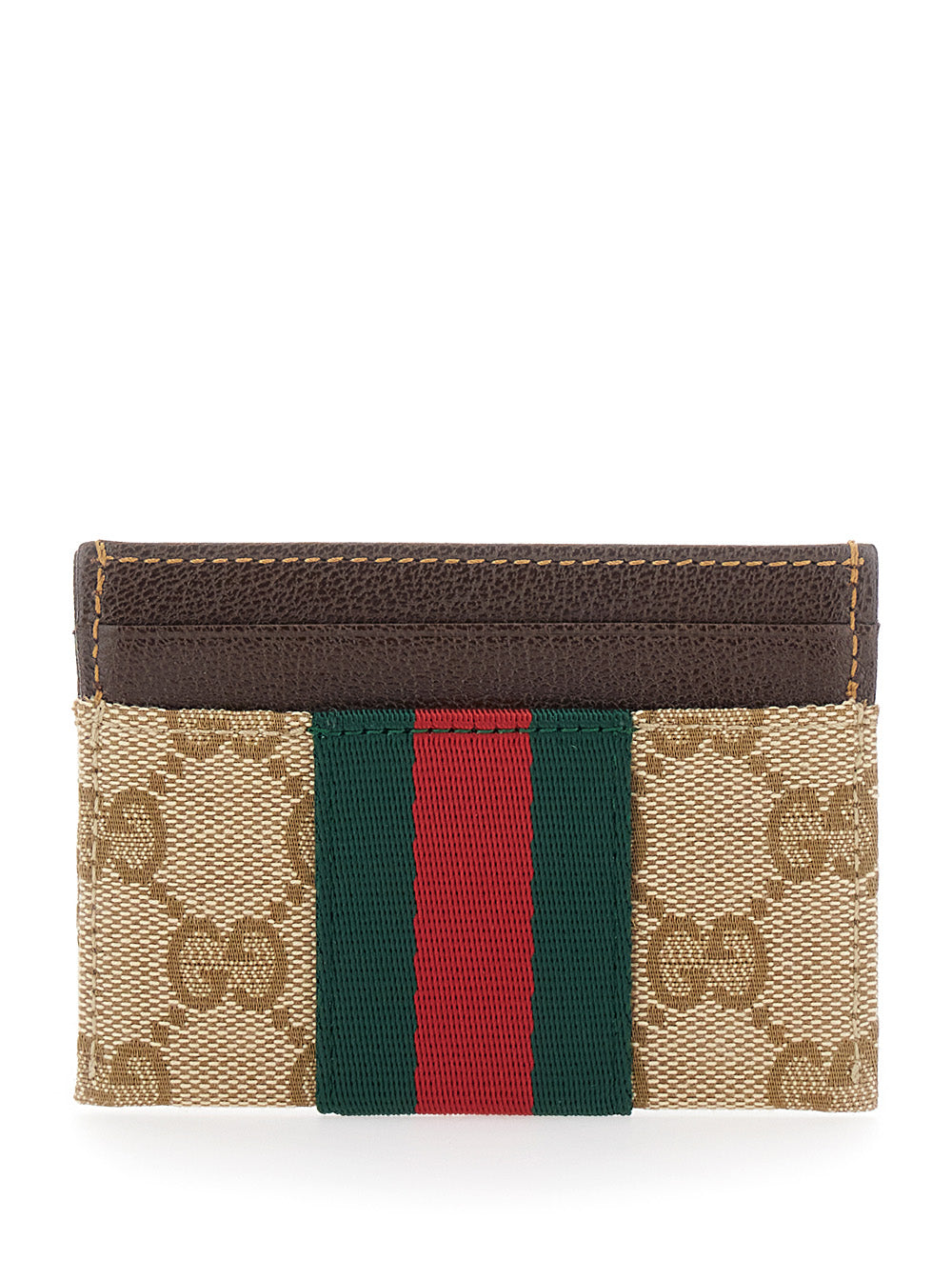 Gucci Men Beige Card Holder With Web Stripe In Gg Canvas And Leather For Men GUCCI