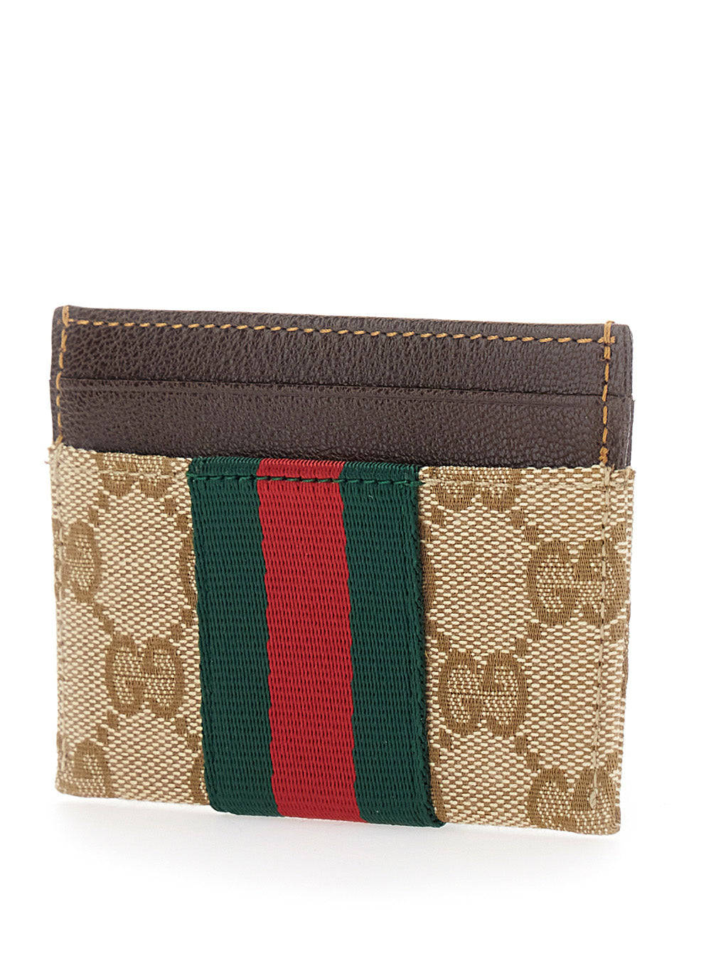Gucci Men Beige Card Holder With Web Stripe In Gg Canvas And Leather For Men GUCCI