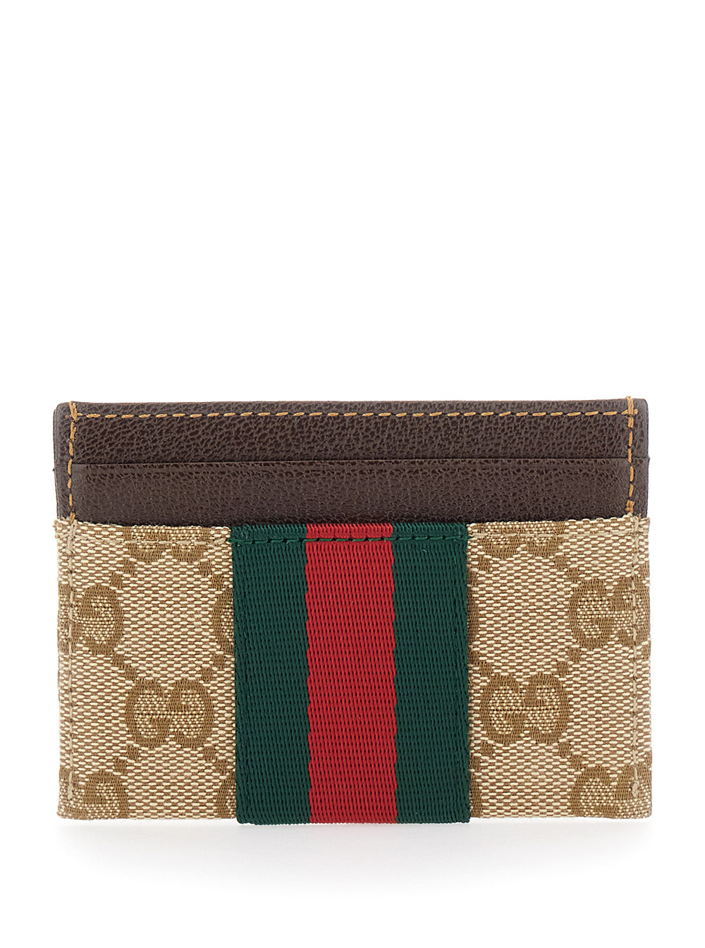 Gucci Men Beige Card Holder With Web Stripe In Gg Canvas And Leather For Men GUCCI