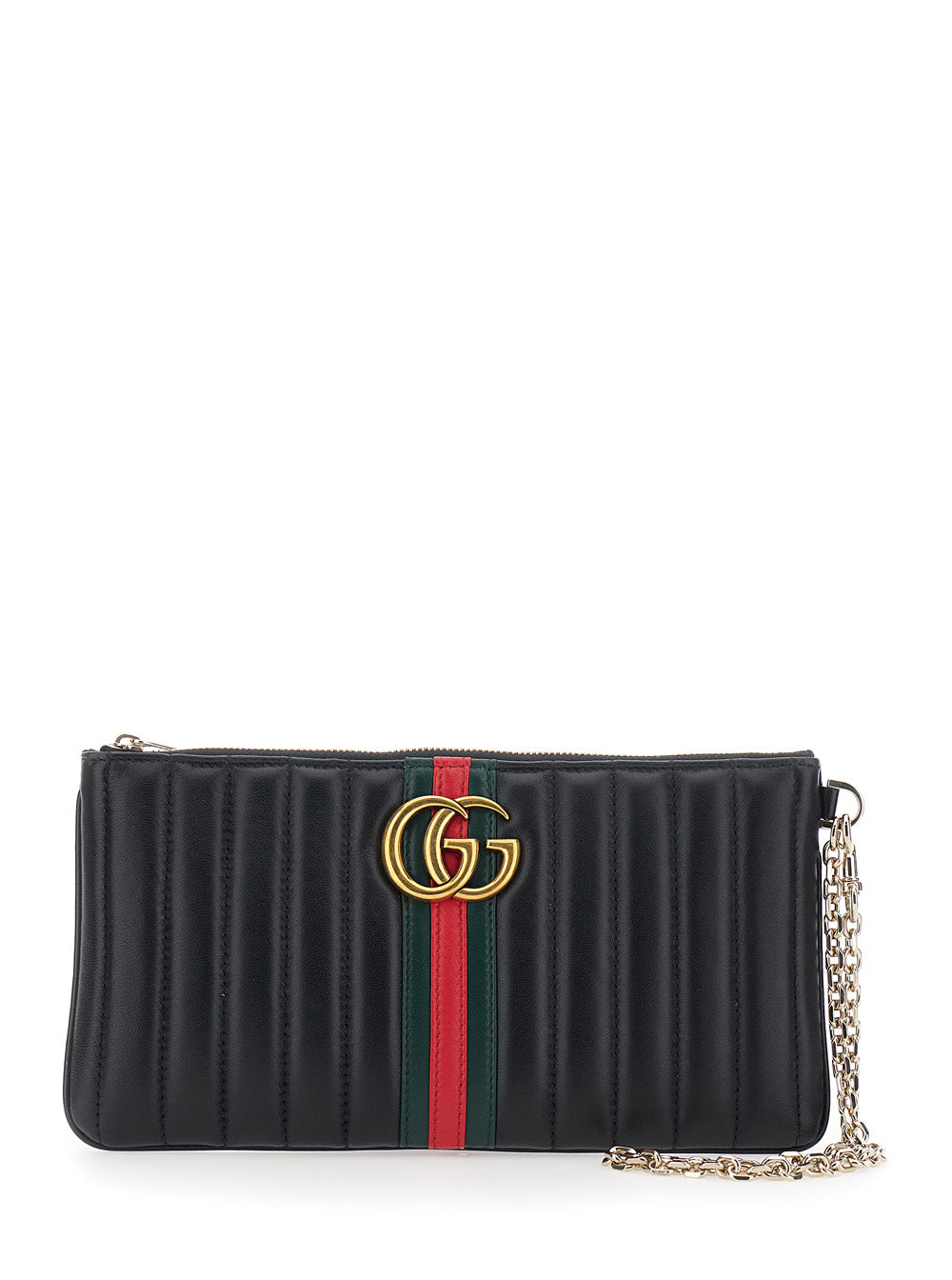 Gucci Women 'Marmont' Black Clutch With Chain Shoulder Strap And Web Stripe With Gg Plaque On The Front In Leather For Women GUCCI