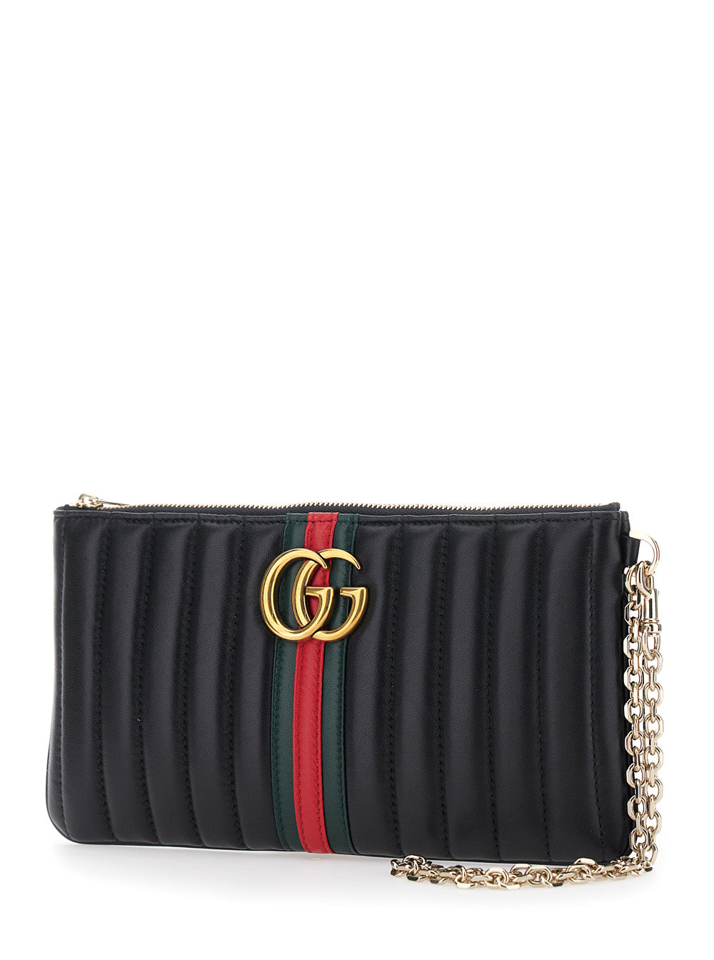 Gucci Women 'Marmont' Black Clutch With Chain Shoulder Strap And Web Stripe With Gg Plaque On The Front In Leather For Women GUCCI