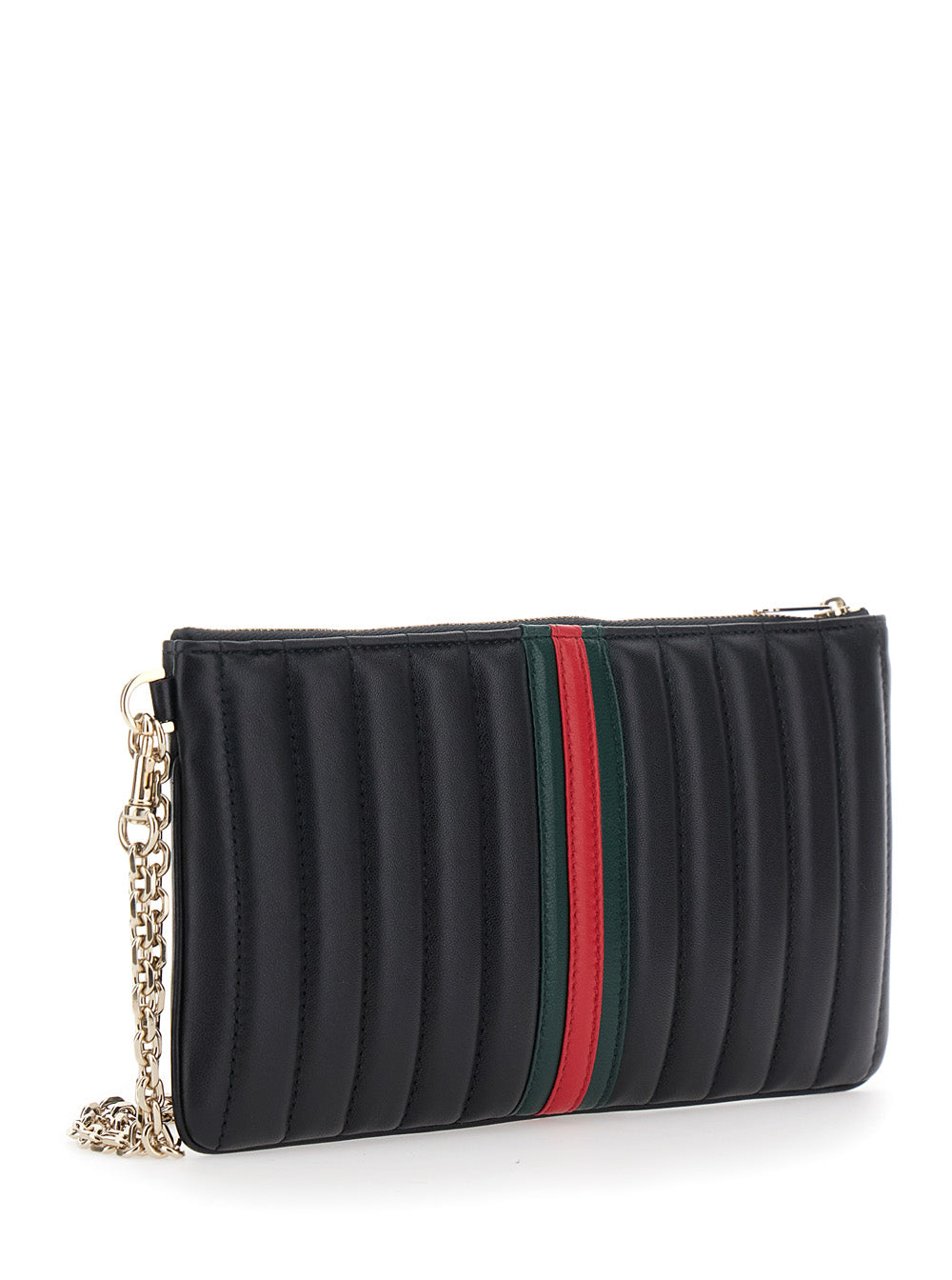 Gucci Women 'Marmont' Black Clutch With Chain Shoulder Strap And Web Stripe With Gg Plaque On The Front In Leather For Women GUCCI