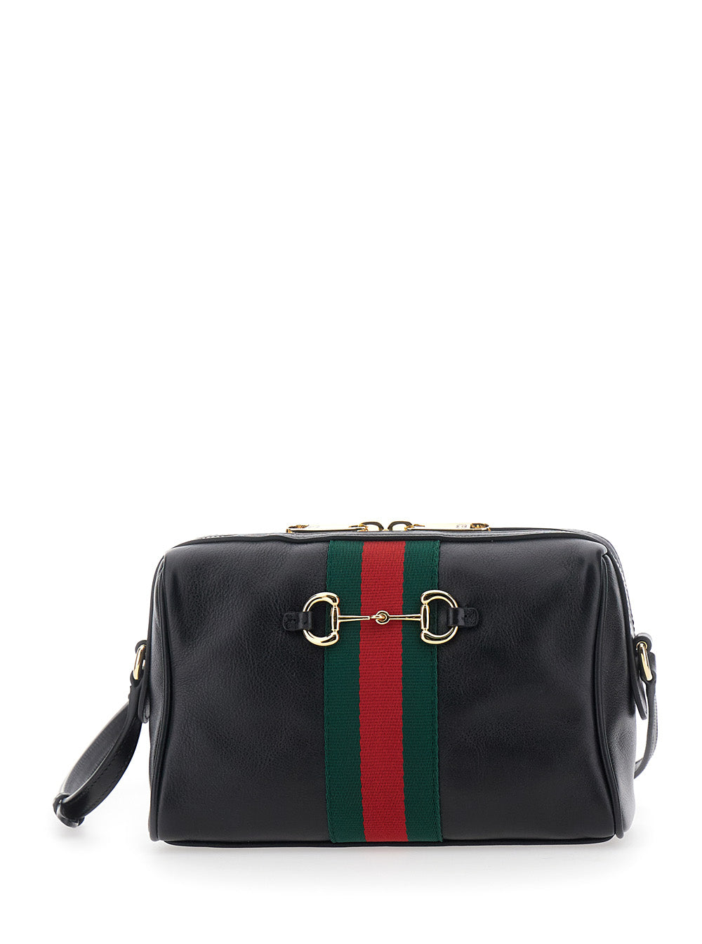 Gucci Women Black Shoulder Bag With Horsebit Plaque And Web Stripe And Adjustable Shoulder Strap In Leather For Women GUCCI