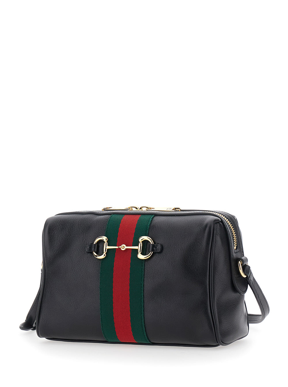 Gucci Women Black Shoulder Bag With Horsebit Plaque And Web Stripe And Adjustable Shoulder Strap In Leather For Women GUCCI
