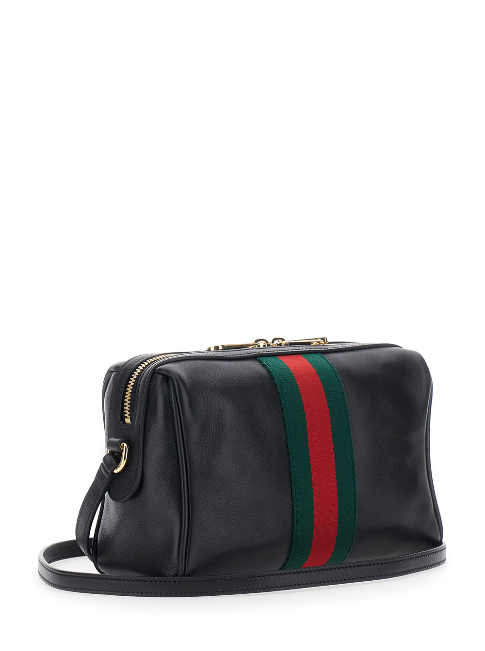 Gucci Women Black Shoulder Bag With Horsebit Plaque And Web Stripe And Adjustable Shoulder Strap In Leather For Women GUCCI