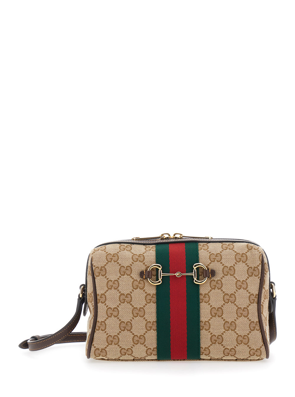 Gucci Women Brown Shoulder Bag With Horsebit Plaque And Web Stripe And Adjustable Strap In Gg Canvas For Women GUCCI