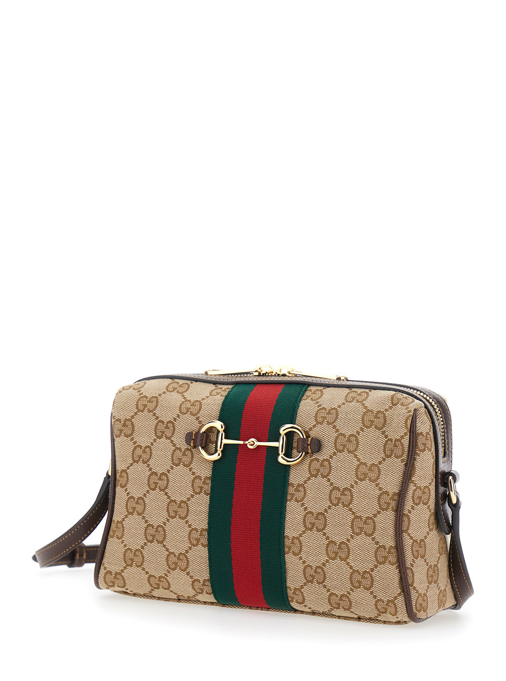 Gucci Women Brown Shoulder Bag With Horsebit Plaque And Web Stripe And Adjustable Strap In Gg Canvas For Women GUCCI