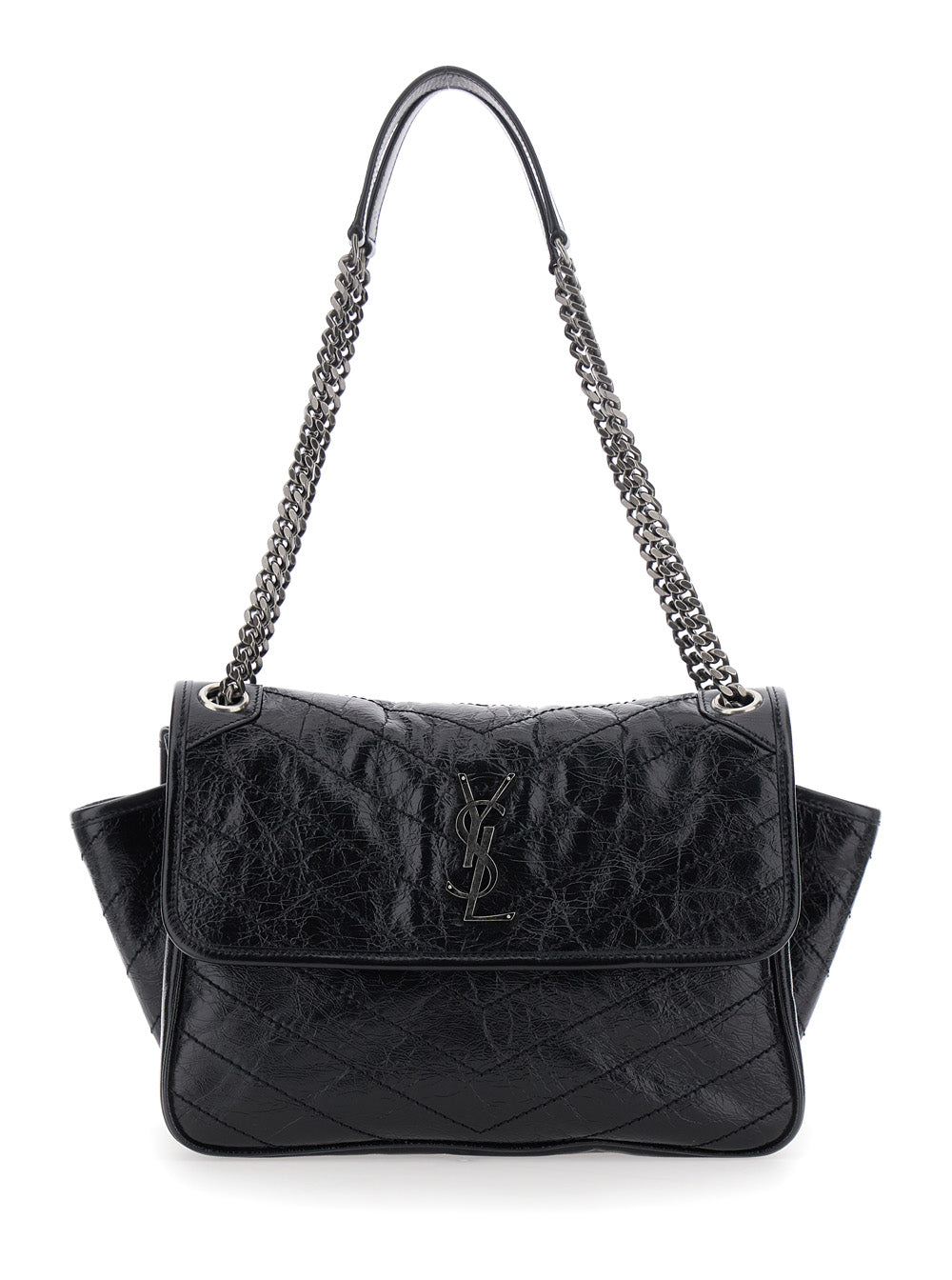 Saint Laurent Women 'Niki Tripouch' Black Crossbody Bag With Two Chain Handles And Cassandre Plaque On The Front In Leather For Women SAINT LAURENT