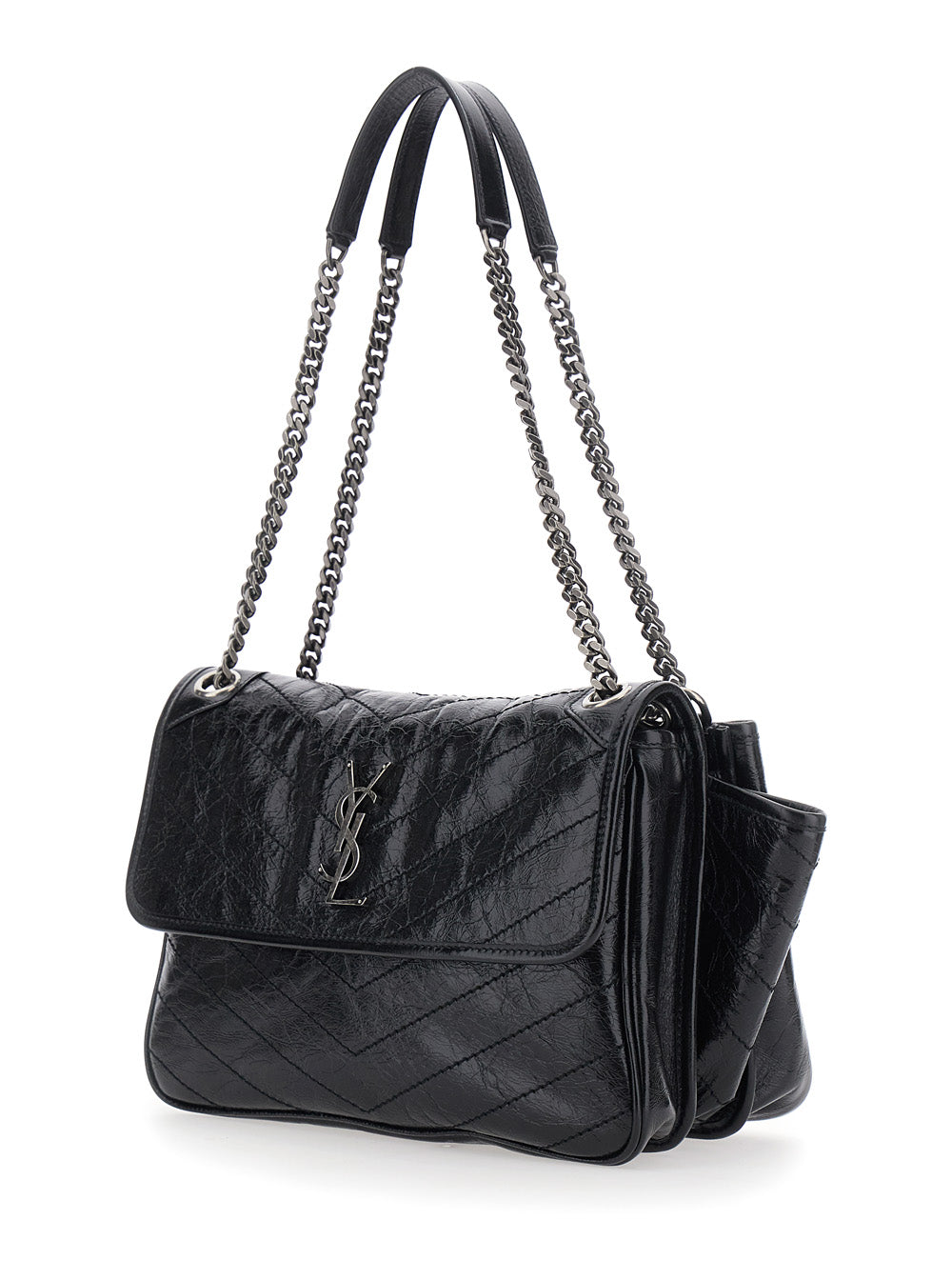 Saint Laurent Women 'Niki Tripouch' Black Crossbody Bag With Two Chain Handles And Cassandre Plaque On The Front In Leather For Women SAINT LAURENT