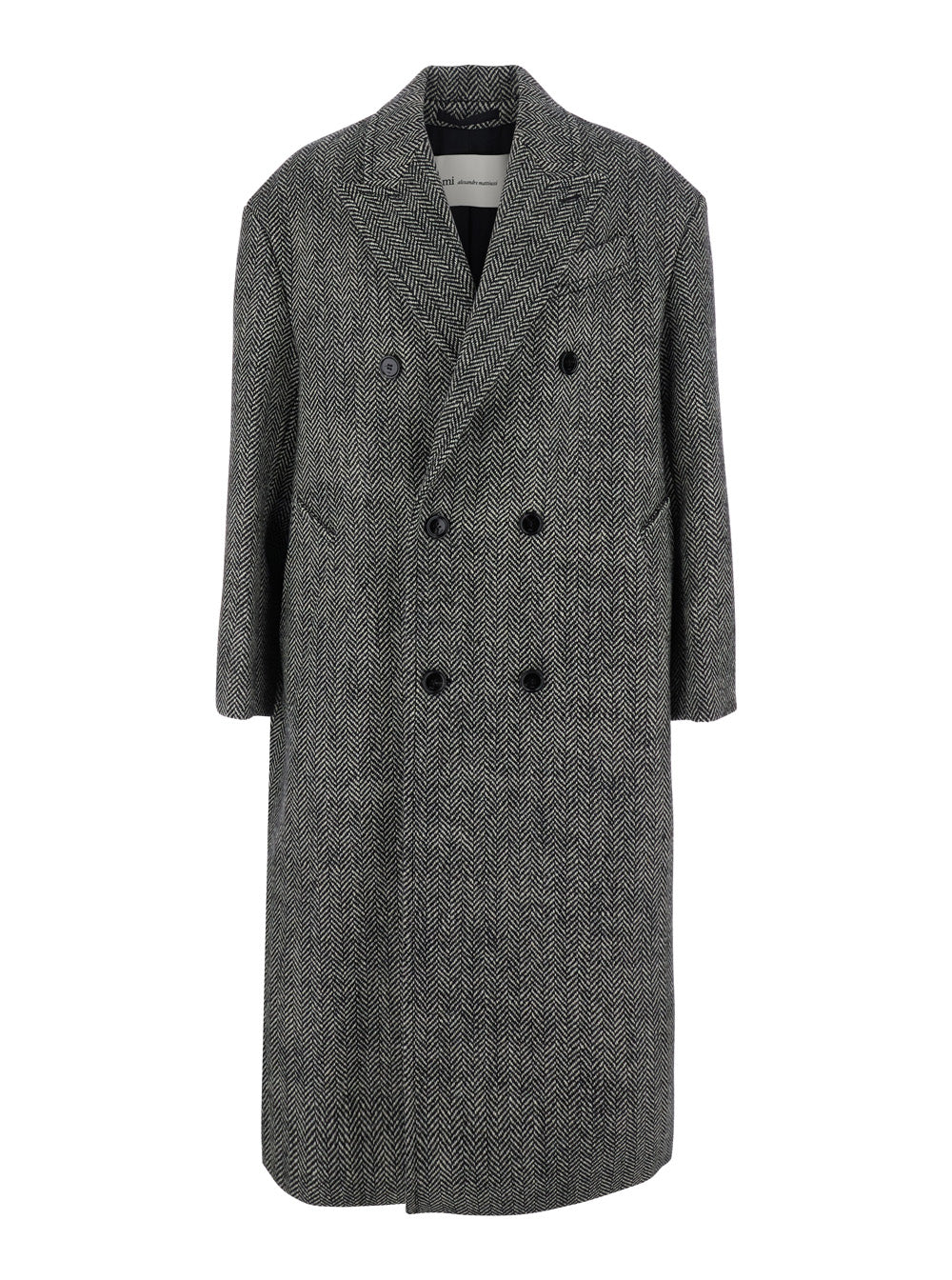 Ami Paris Men Grey Long Double-Breasted Coat With Peak Revers And All-Over Herringbone Motif In Wool Blend Man AMI PARIS