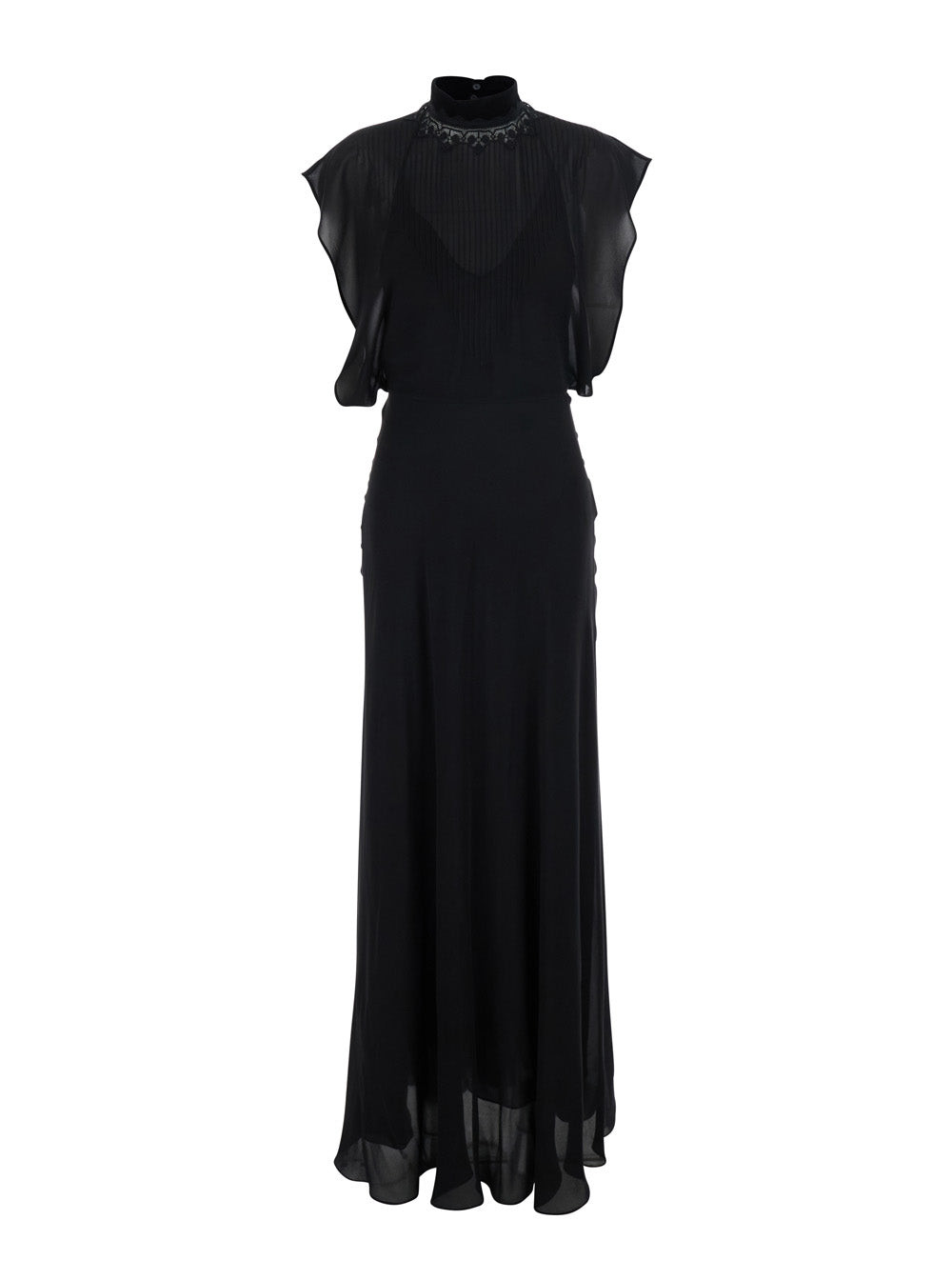 Fendi Women Black Long Sleeveless Dress With Cape-Effect Bodice And Embroidered Neck In Silk For Women FENDI