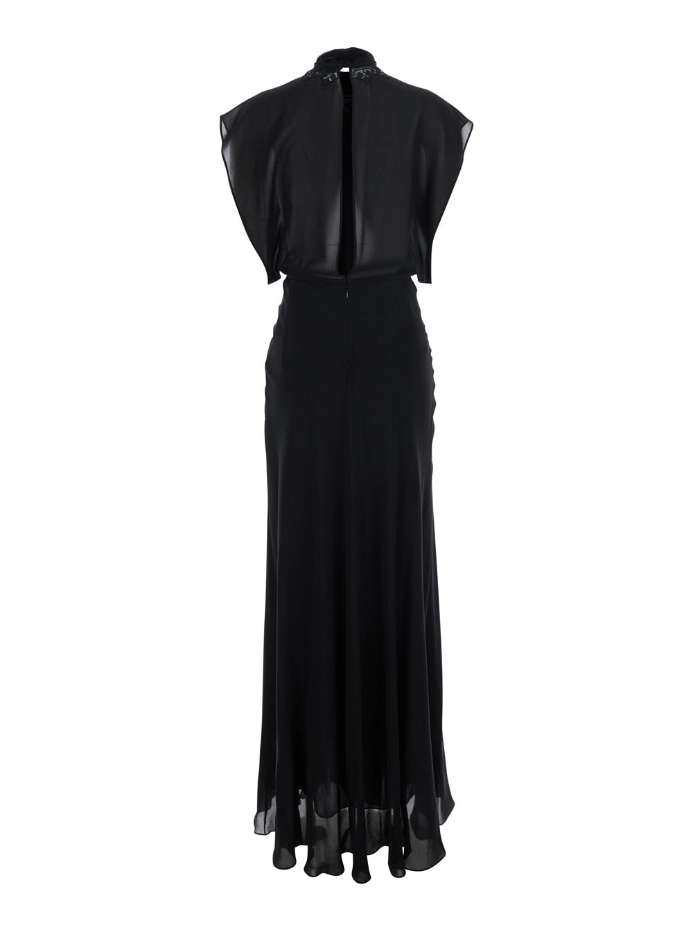 Fendi Women Black Long Sleeveless Dress With Cape-Effect Bodice And Embroidered Neck In Silk For Women FENDI
