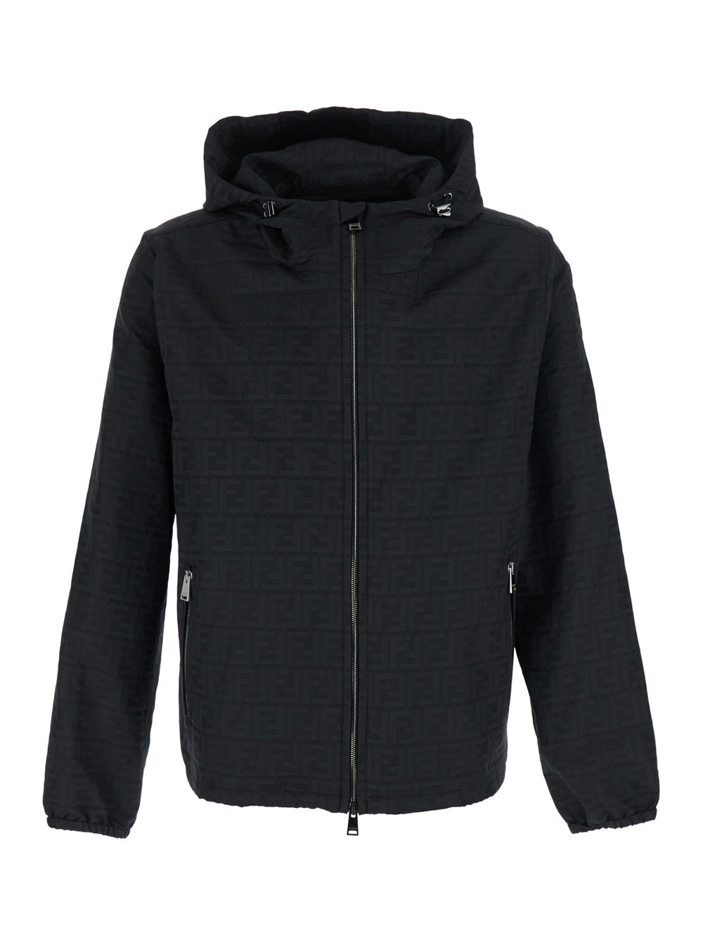 Fendi Men Black Jacket With Drawstring Hood And All-Over Ff Motif In Tech Fabric For Men FENDI