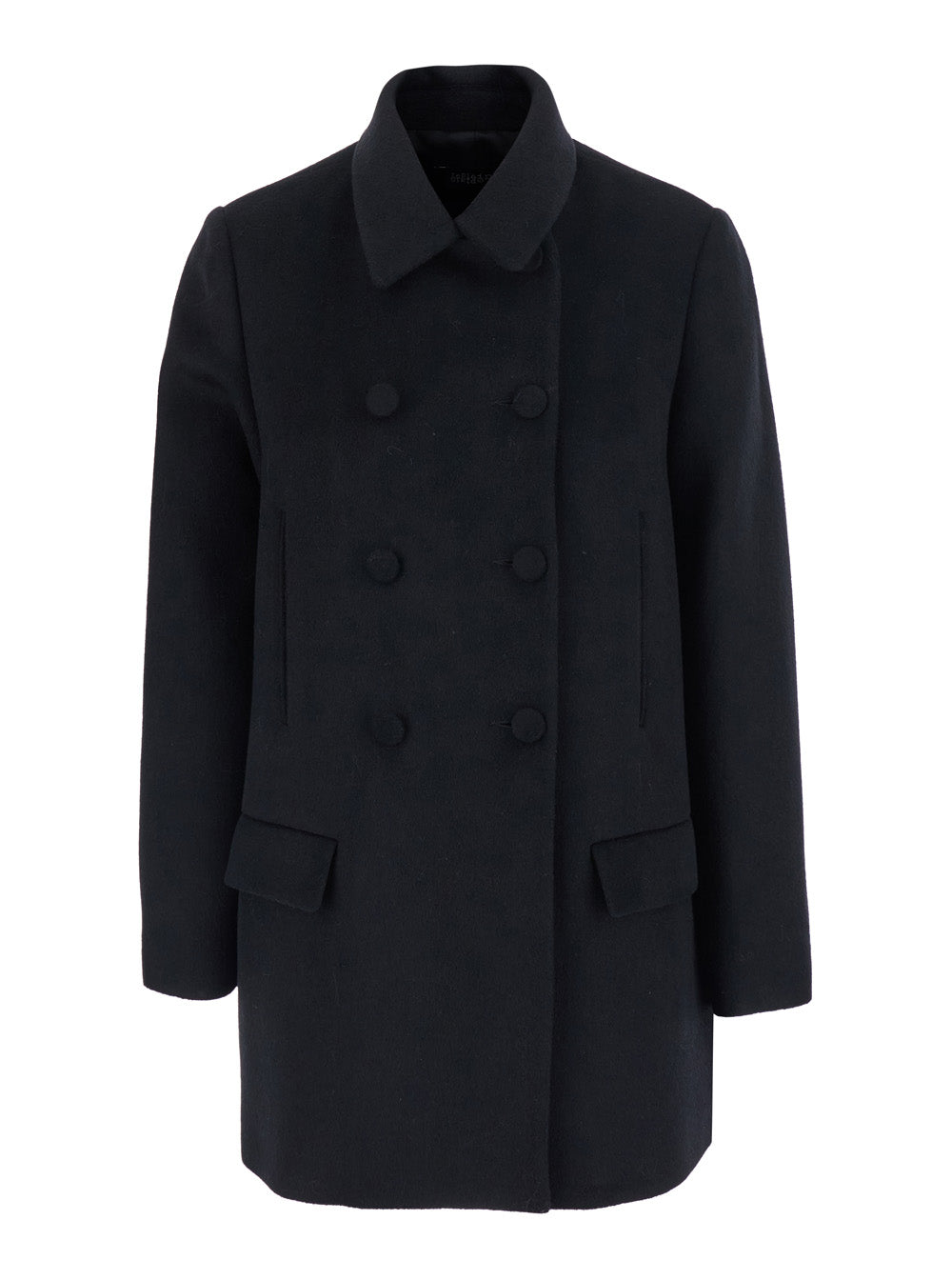 Leplain Women Black Short Coat With Halfbelt And Classic Collar In Wool Blend For Women LEPLAIN
