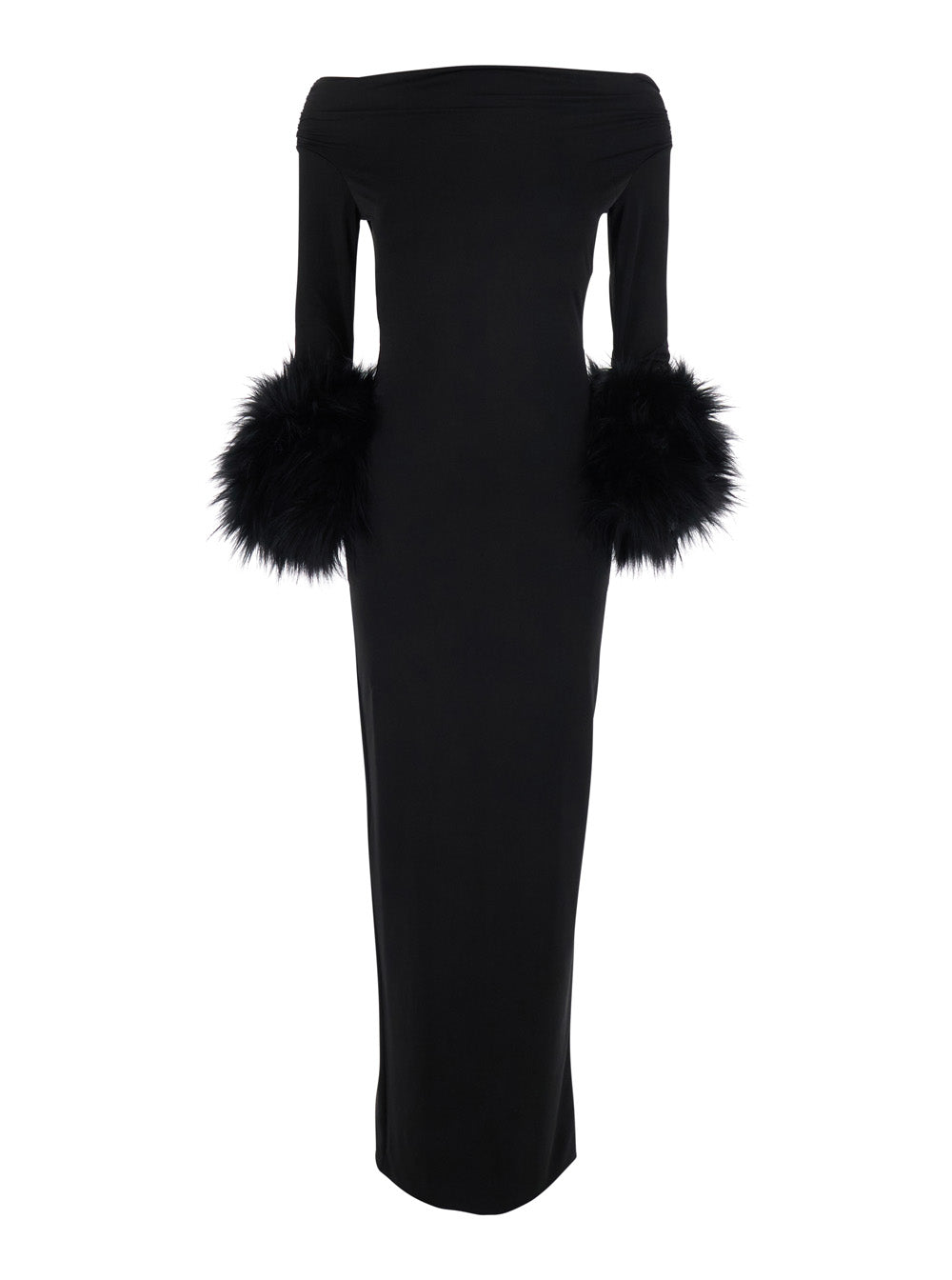 The Andamane Women 'Tyla' Black Long Dress With Off-Shoulder Design And Eco-Fur Cuffs In Tech Fabric For Women THE ANDAMANE