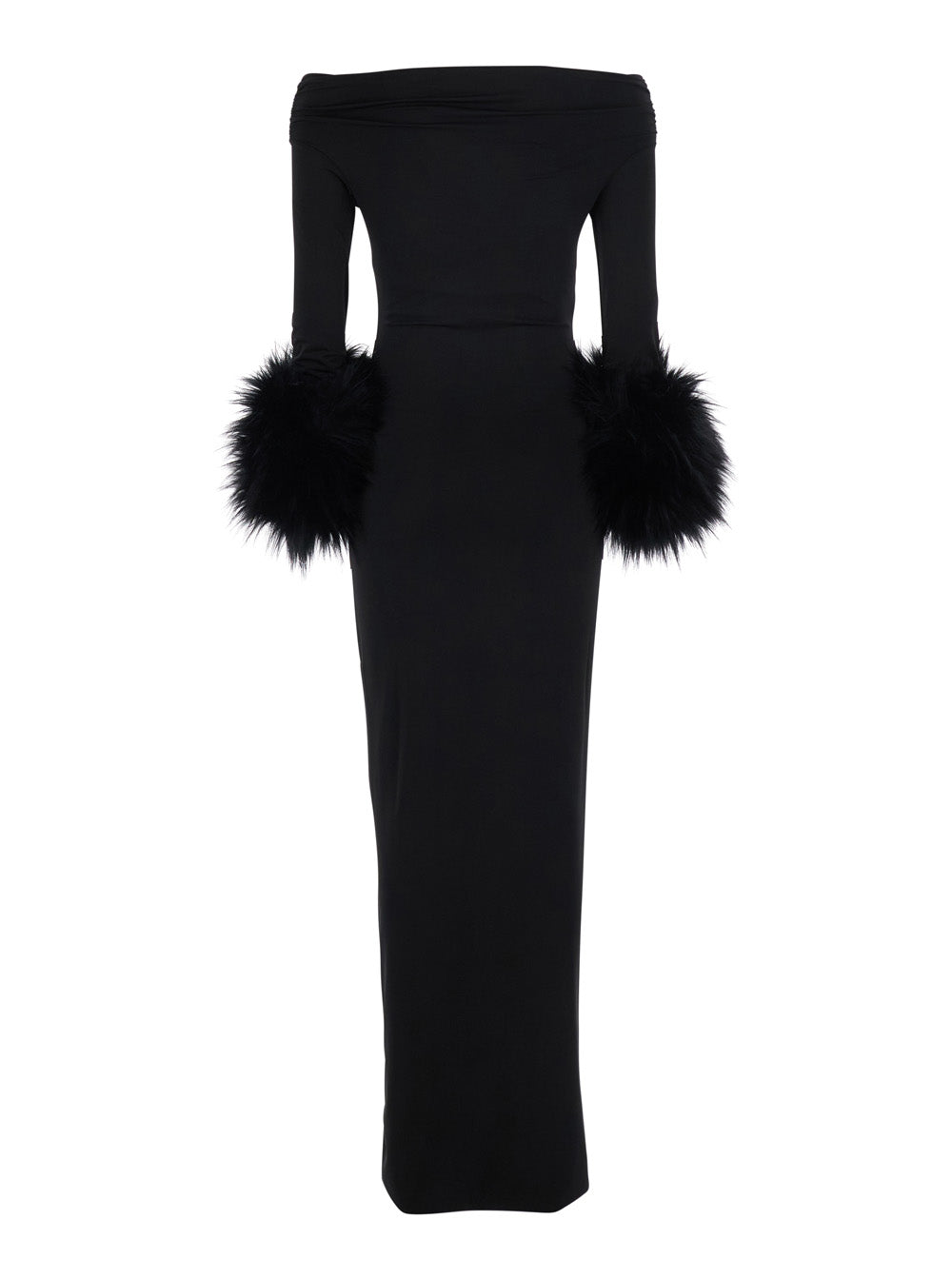 The Andamane Women 'Tyla' Black Long Dress With Off-Shoulder Design And Eco-Fur Cuffs In Tech Fabric For Women THE ANDAMANE