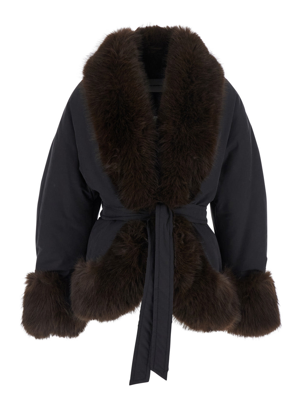 The Andamane Women 'Brina' Black Jacket With Belt On The Front And Inserts In Eco-Fur In Tech Fabric For Women THE ANDAMANE