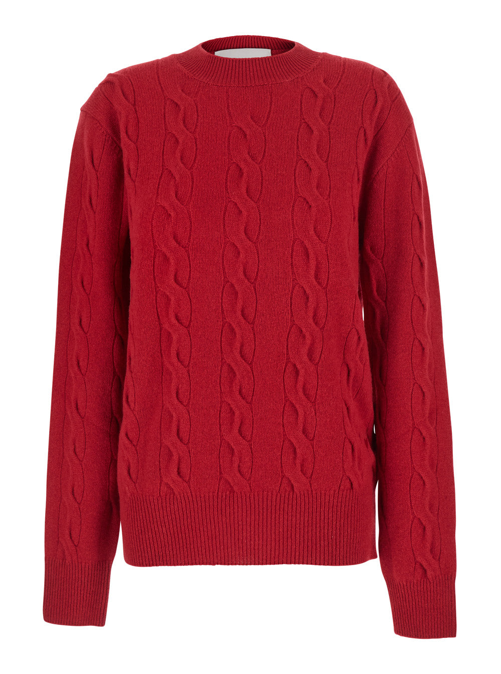 Ami Paris Women Red Crew-Neck Sweater With Cable-Knit And Tone-On-Tone Adc Embroidery On The Front In Wool For Women AMI PARIS