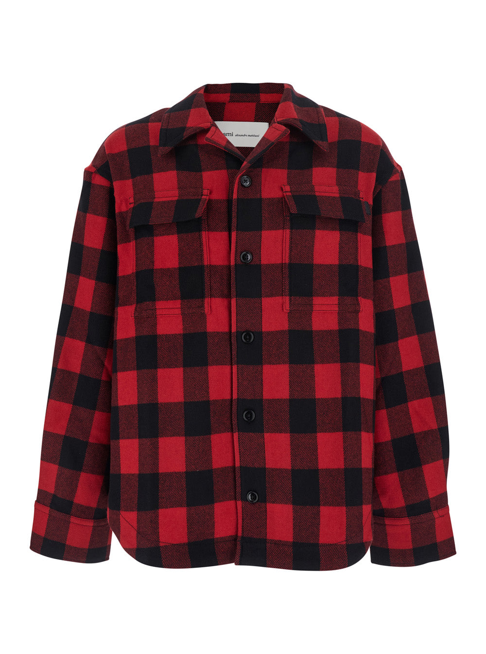Ami Paris Men Red Shirt With Cuban Collar And All-Over Check Motif In Wool For Men AMI PARIS