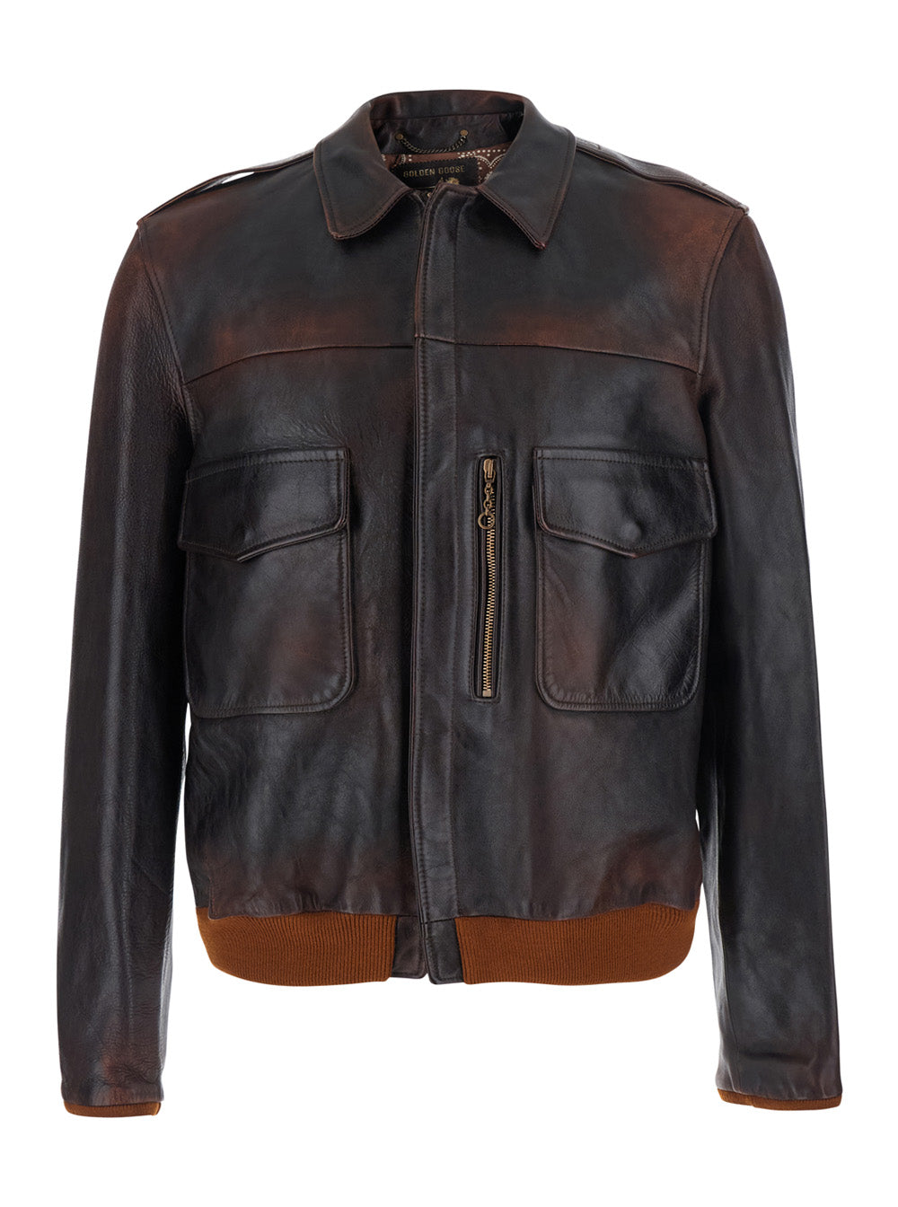 Golden Goose Men Brown Jacket With Classic Collar And Ribbed Trims In Leather For Men GOLDEN GOOSE