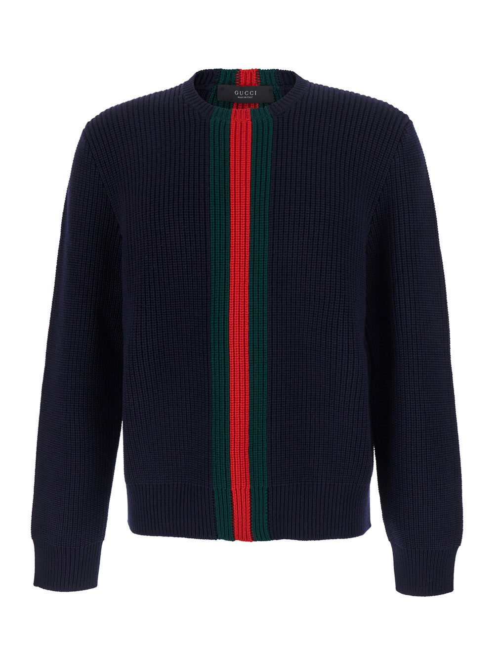 Gucci Men Blue Ribbed Sweater With Web Stripe On The Front And Back In Wool For Men GUCCI
