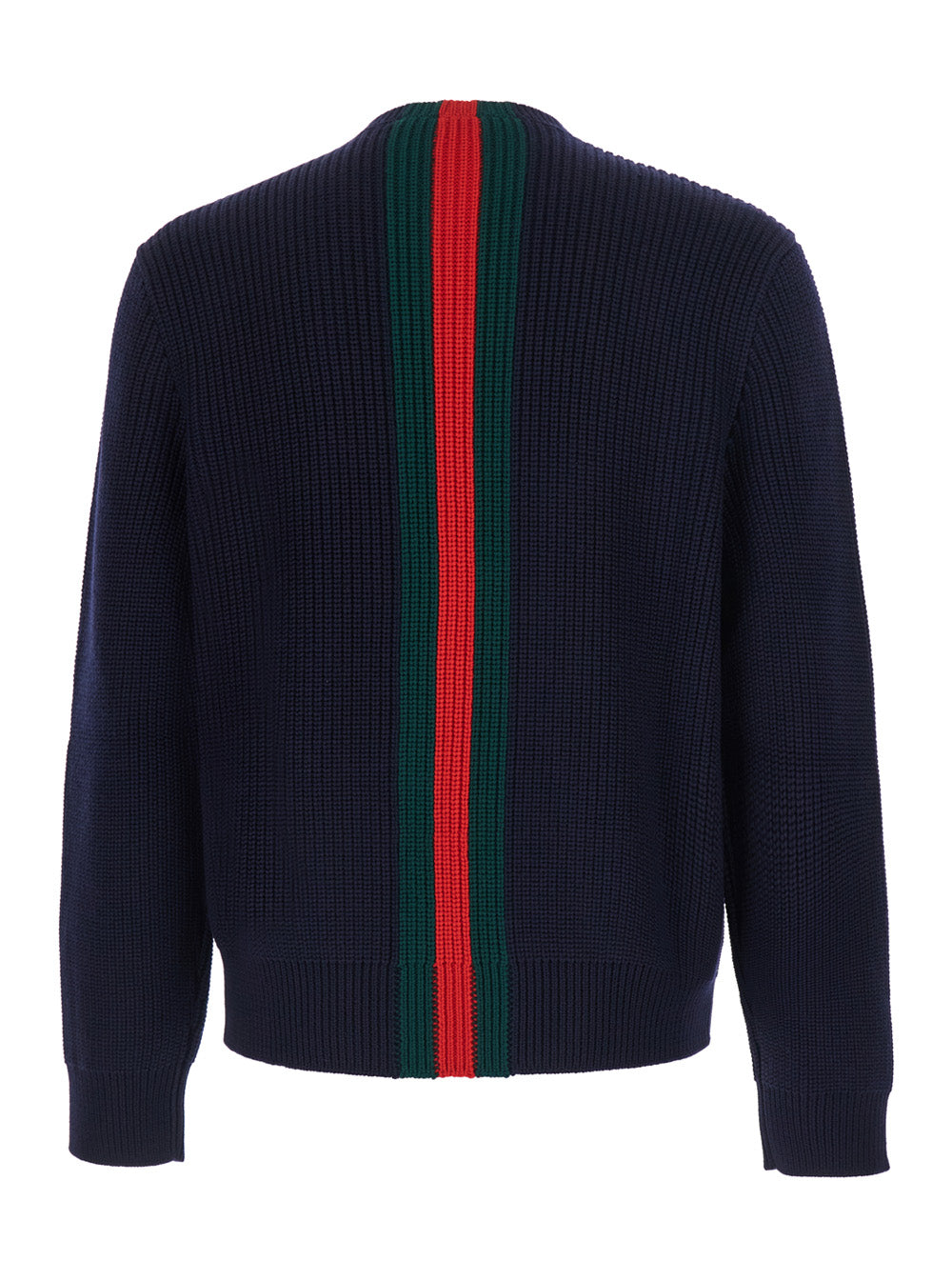 Gucci Men Blue Ribbed Sweater With Web Stripe On The Front And Back In Wool For Men GUCCI