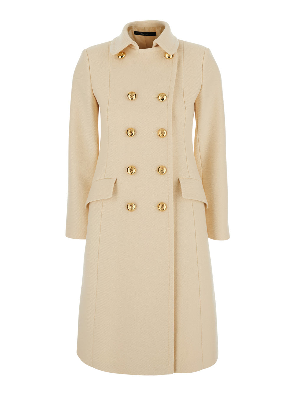 Gucci Women White Double-Breasted Coat With Classic Collar And Jewel Buttons In Wool For Women GUCCI
