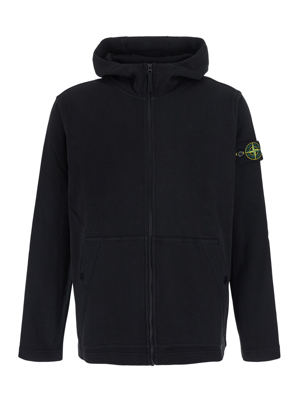 Stone Island Men Black Sweatshirt With Ribbed Detailing And Logo Patch On The Sleeve In Cotton Men STONE ISLAND