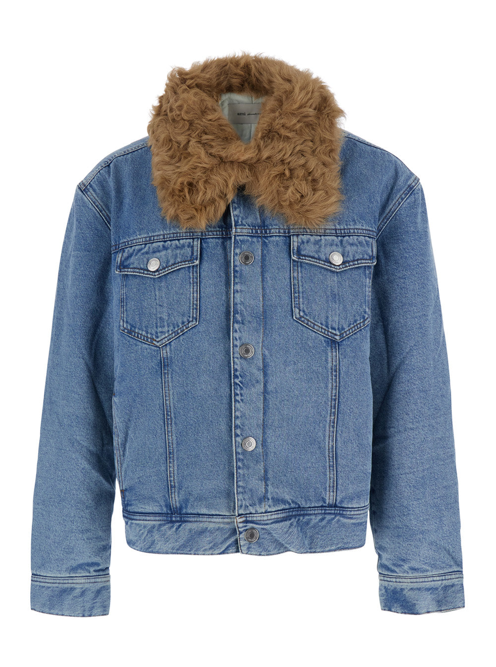 Ami Paris Men Light Blue Jacket With Removable Fur Collar And Logo Patch On The Back In Denim For Men AMI PARIS