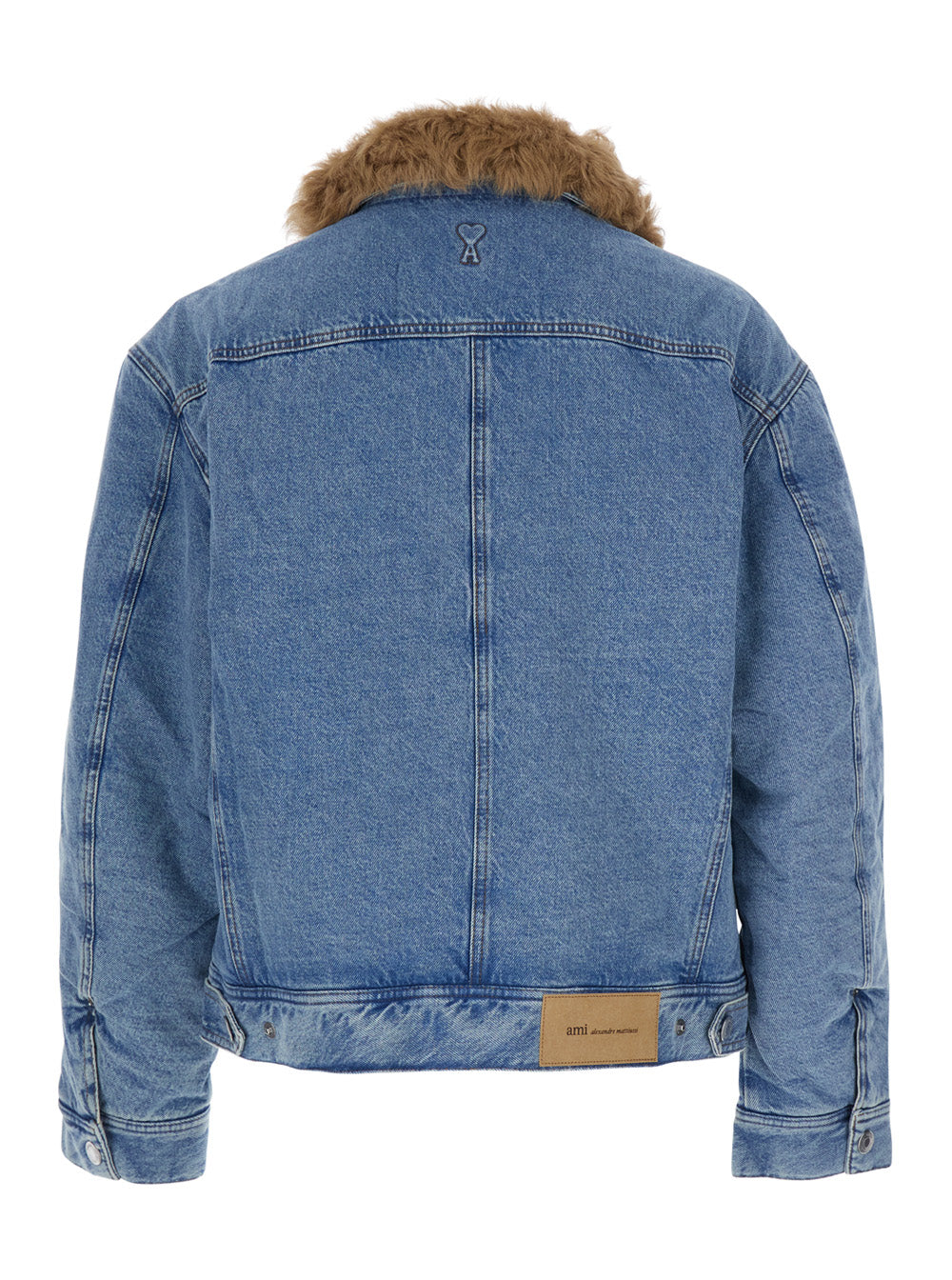 Ami Paris Men Light Blue Jacket With Removable Fur Collar And Logo Patch On The Back In Denim For Men AMI PARIS