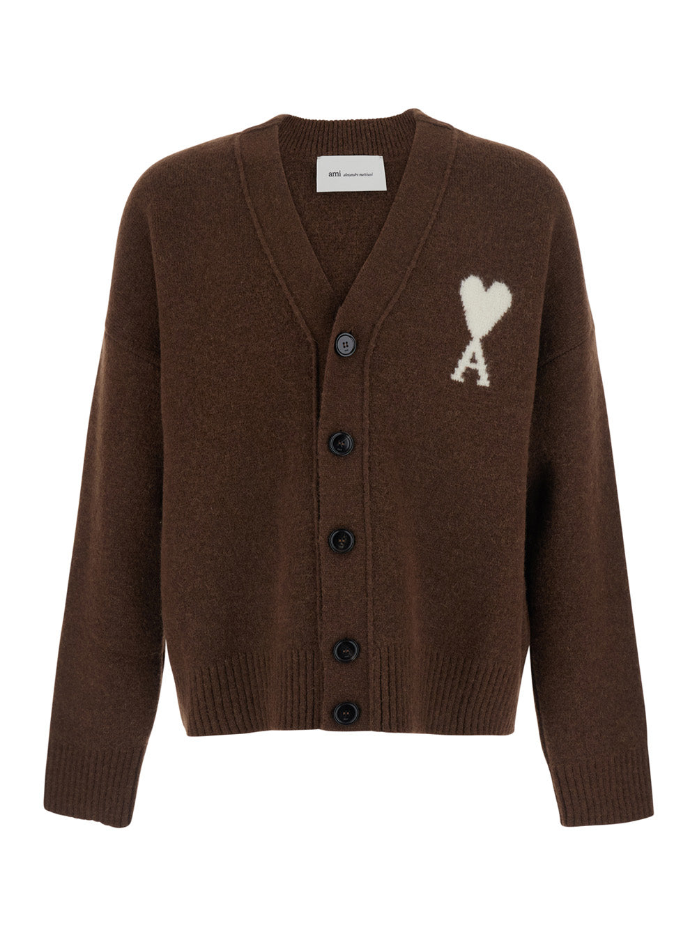Ami Paris Men Brown Cardigan With V-Neck And Adc Embroidery On The Front In Wool Blend For Men AMI PARIS